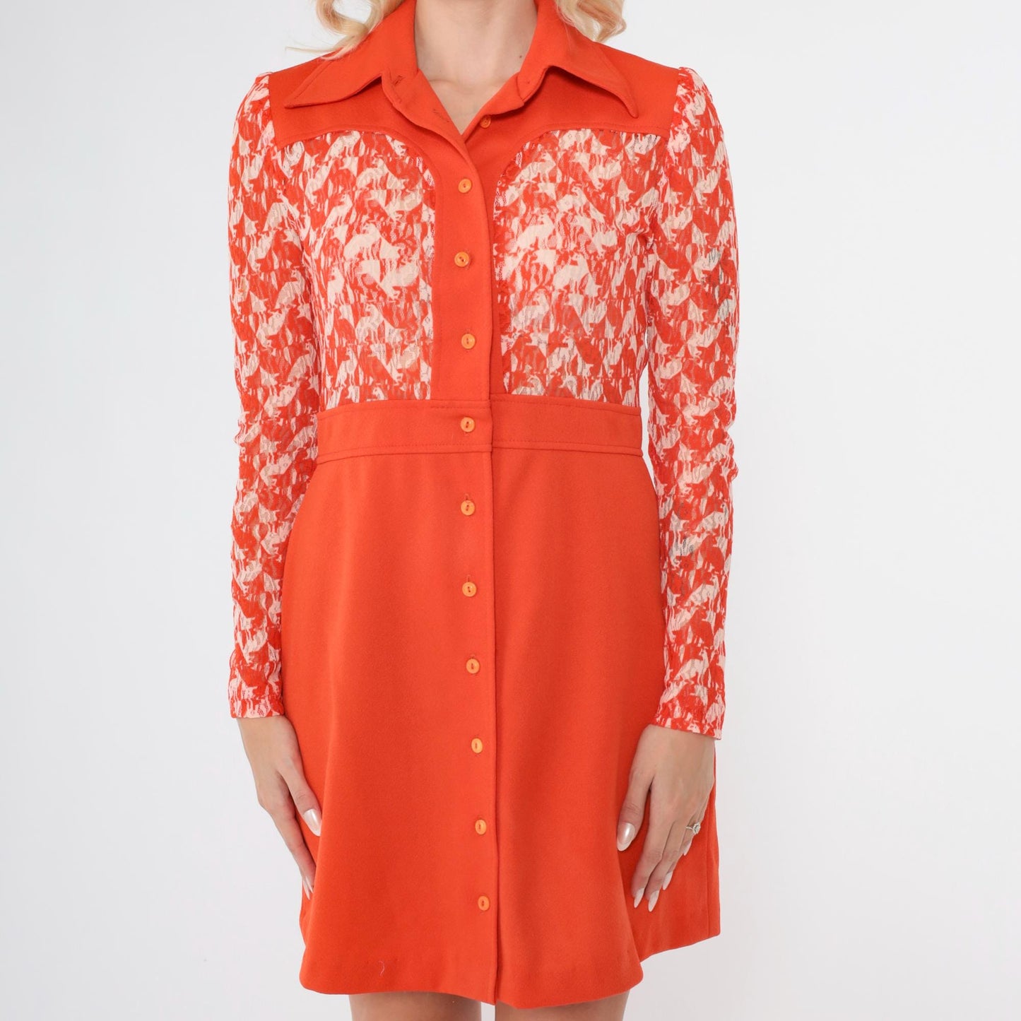 70s Mod Animal Print Mini Dress Orange Lace Collared Button-Up Small