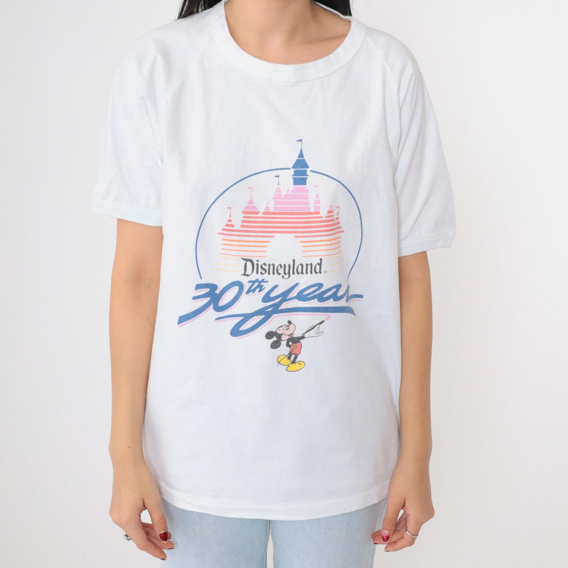 1985 Disneyland 30th Anniversary Mickey Mouse T-Shirt White Raglan Medium