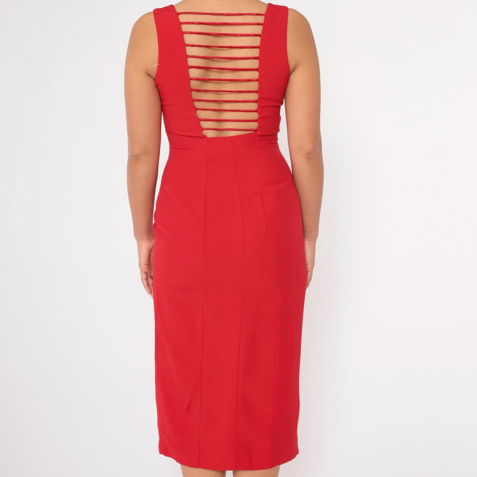 90s Joseph Ribkoff Red Midi Sheath Dress Cage Back Square Neck Small 4