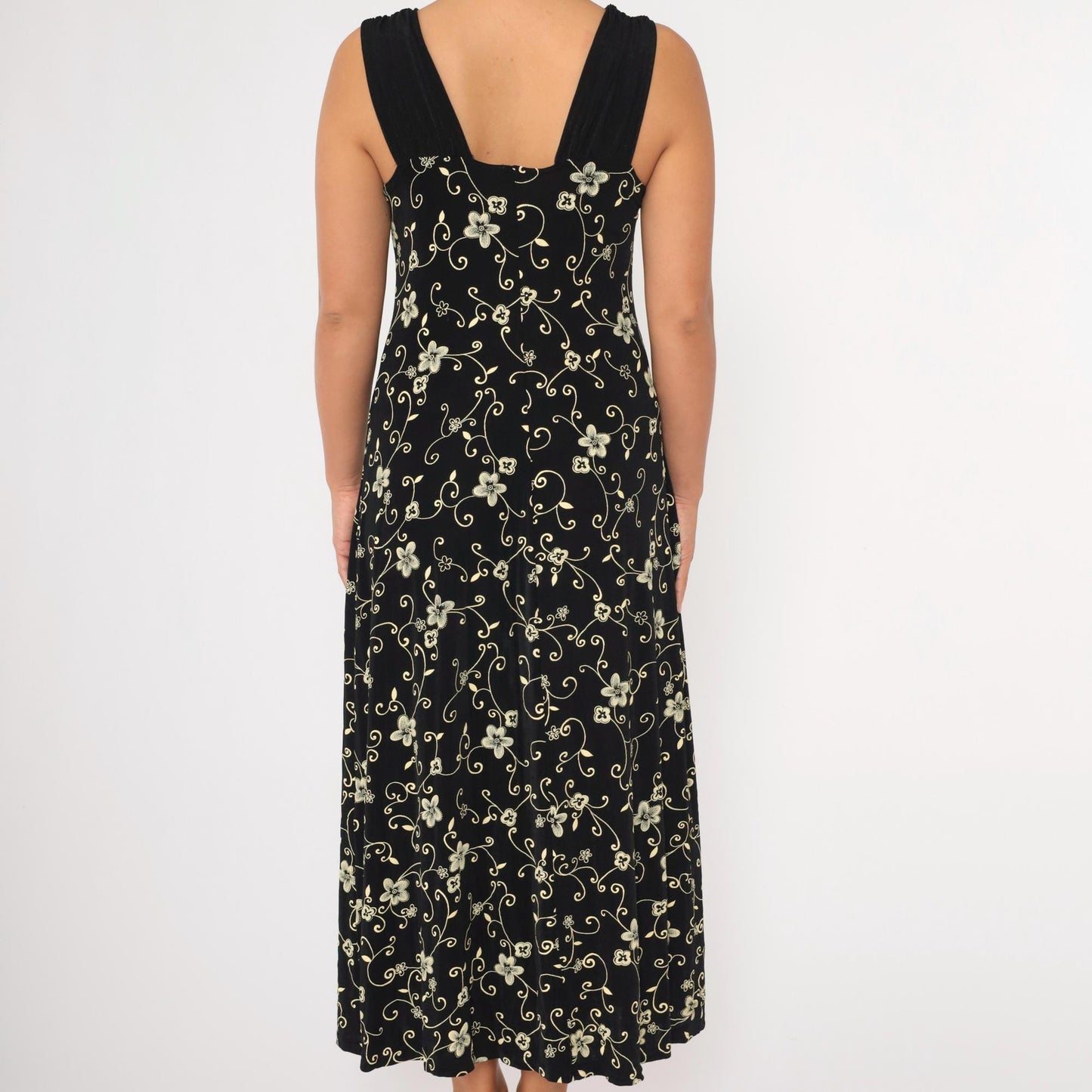 90s Black Floral Maxi Dress Sleeveless Scoop Neck Yellow Print Large