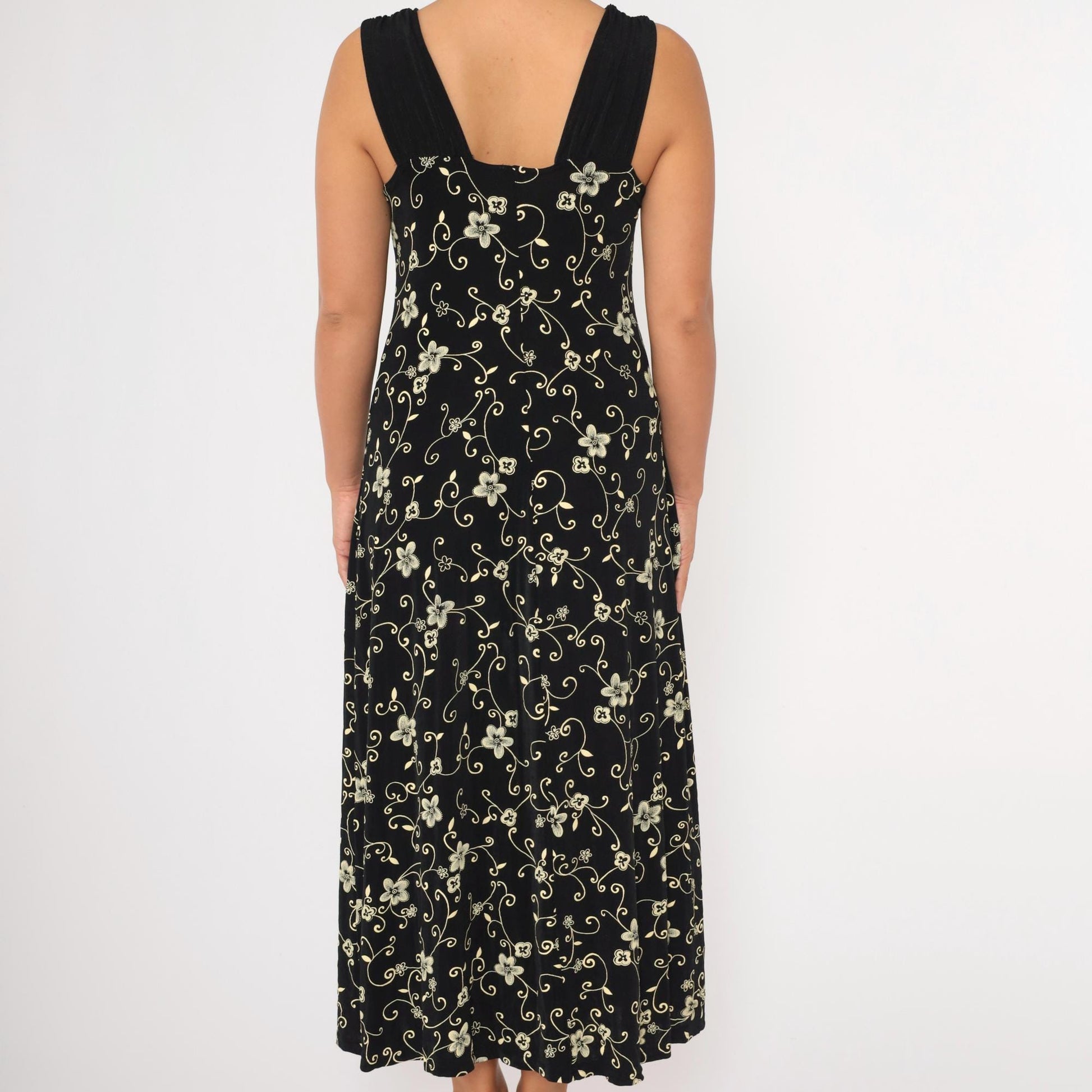 90s Black Floral Maxi Dress Sleeveless Scoop Neck Yellow Print Large