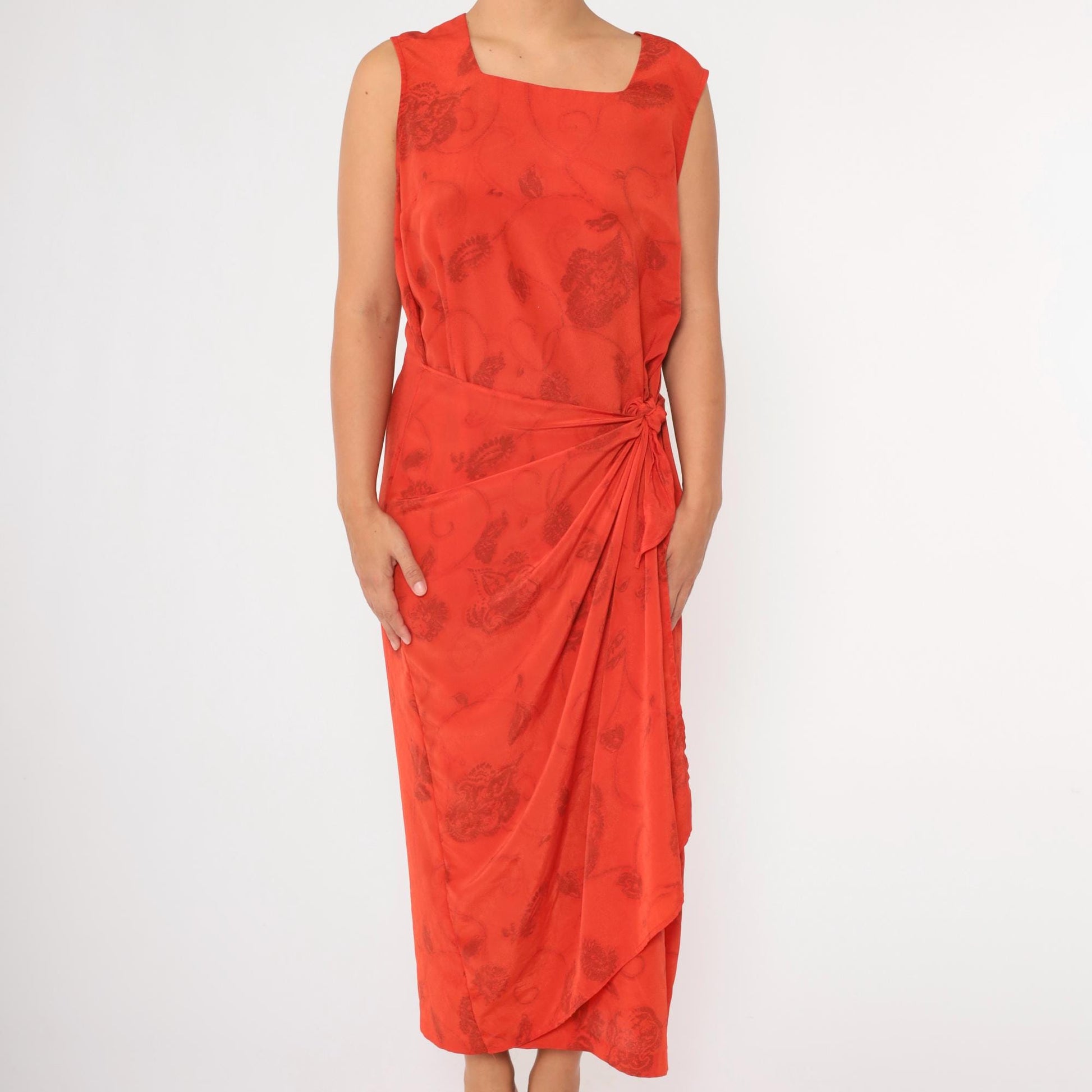 90s Studio C Plus Floral Maxi Dress Orange Red Square Neck Sleeveless Extra Large XXL