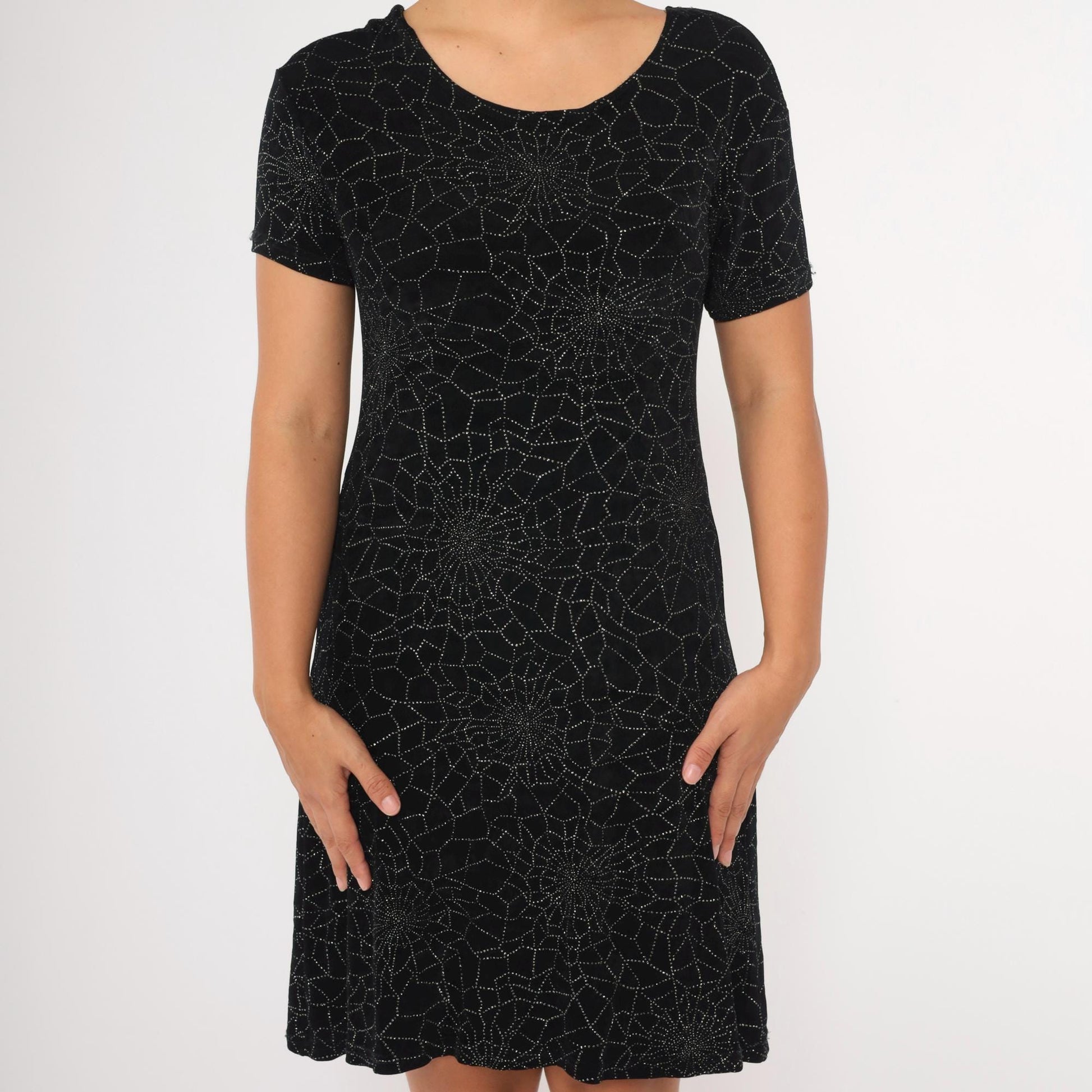 90s Spiderweb Sparkle Mini Dress Black Shift Short Sleeve Large