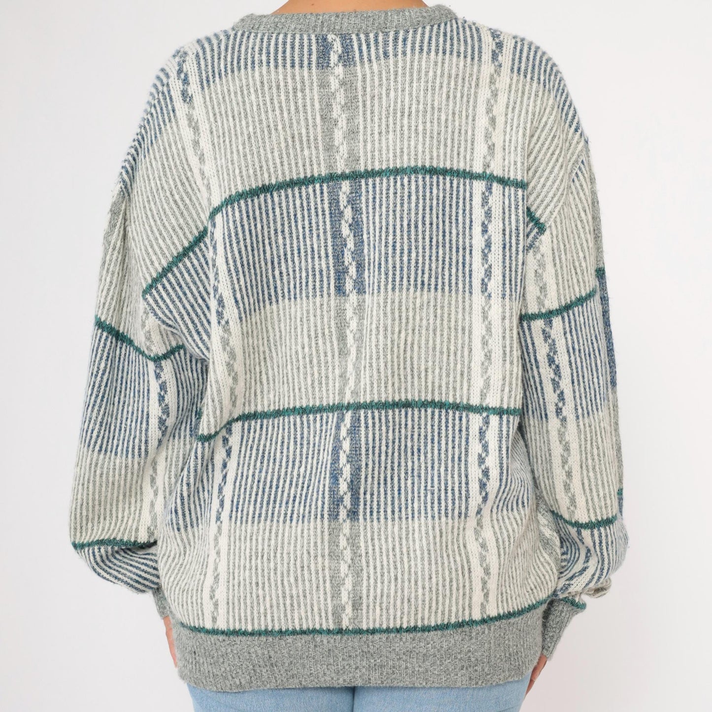 80s Striped Knit Sweater Blue Grey Pullover Extra Large XL