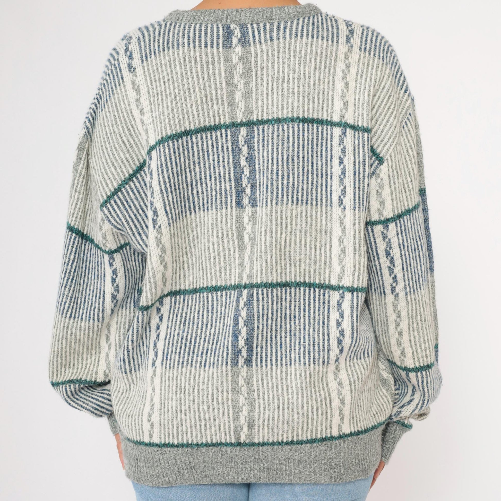 80s Striped Knit Sweater Blue Grey Pullover Extra Large XL