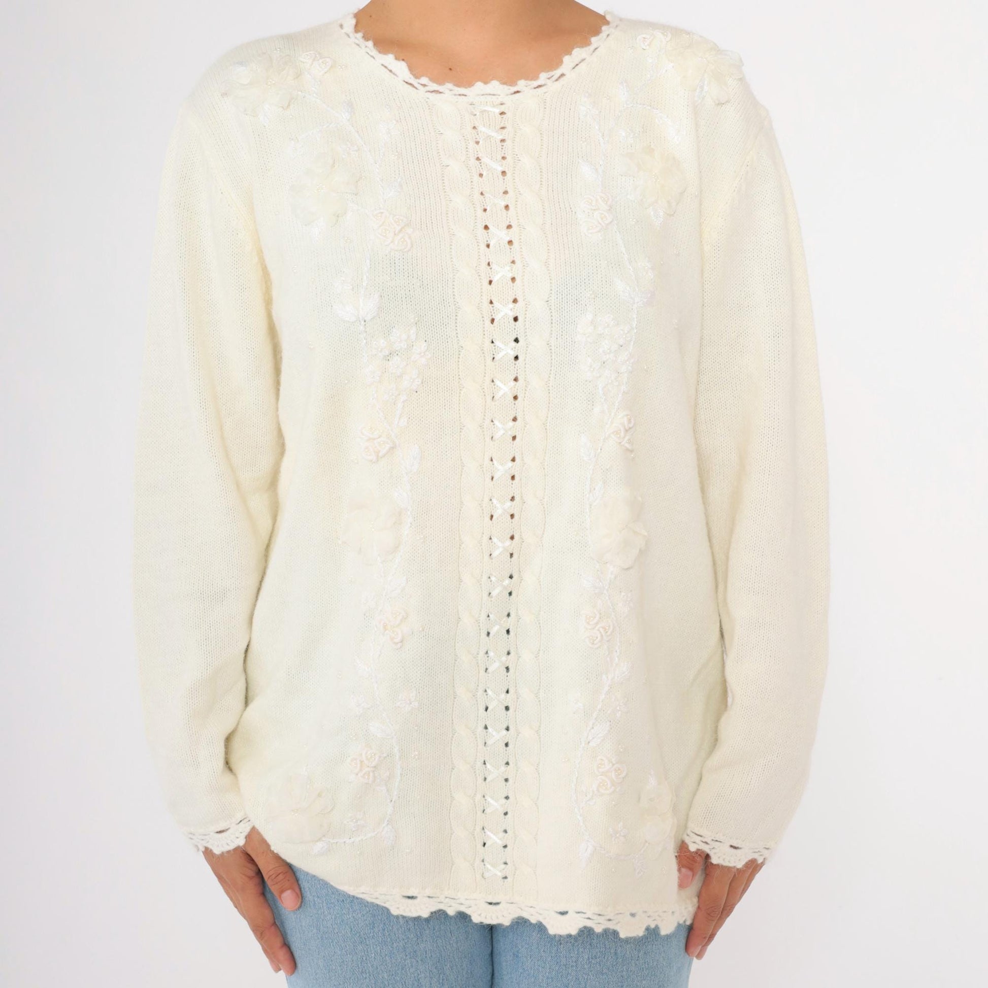 90s Koret White Cable Knit Sweater Floral Embroidered Beaded Crochet Lace Large