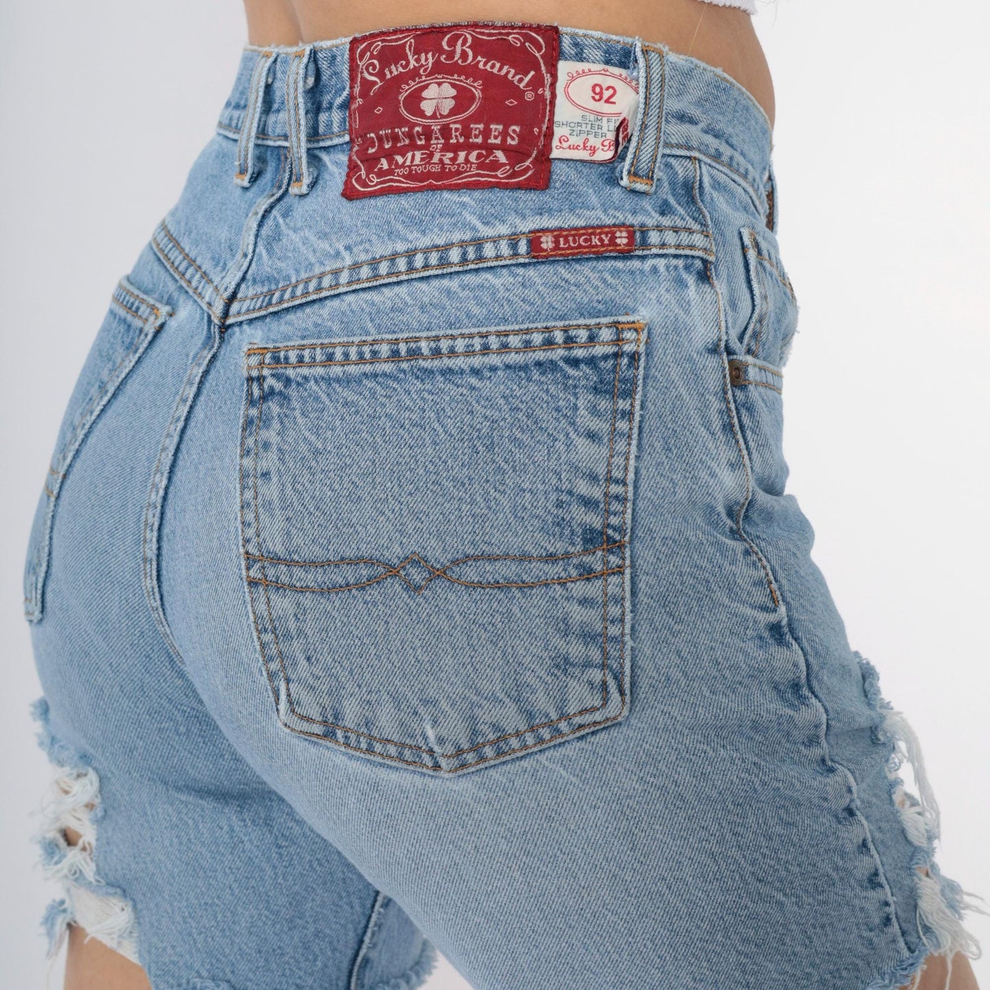 00s Lucky Brand Cutoff Denim Shorts Blue Distressed High Rise Medium 28