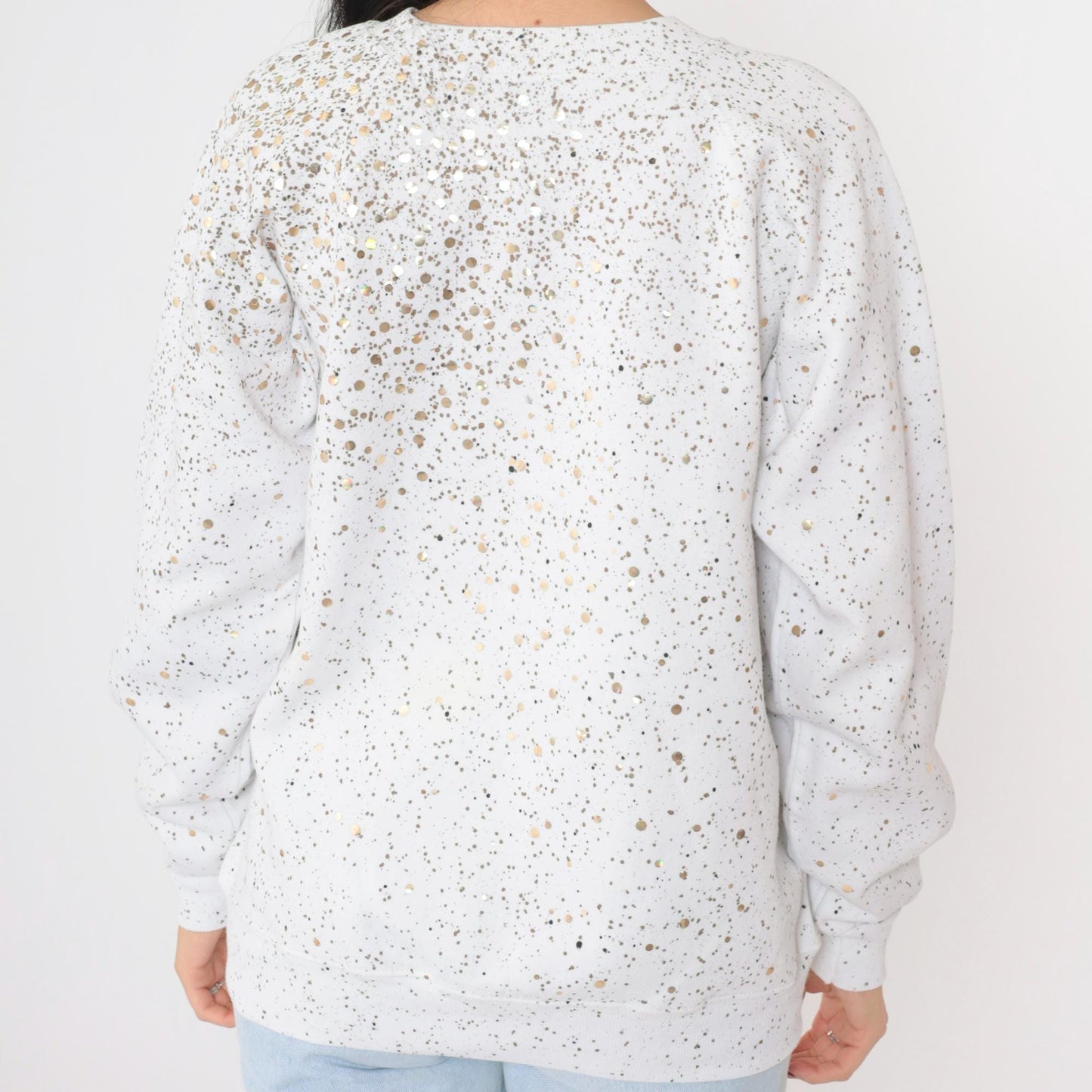 90s White Sweatshirt Gold Sequin Paint Splatter Metallic Graphic Medium