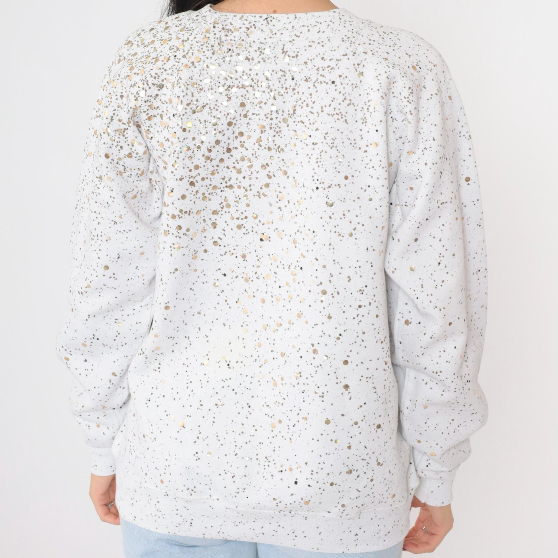 90s White Sweatshirt Gold Sequin Paint Splatter Metallic Graphic Medium