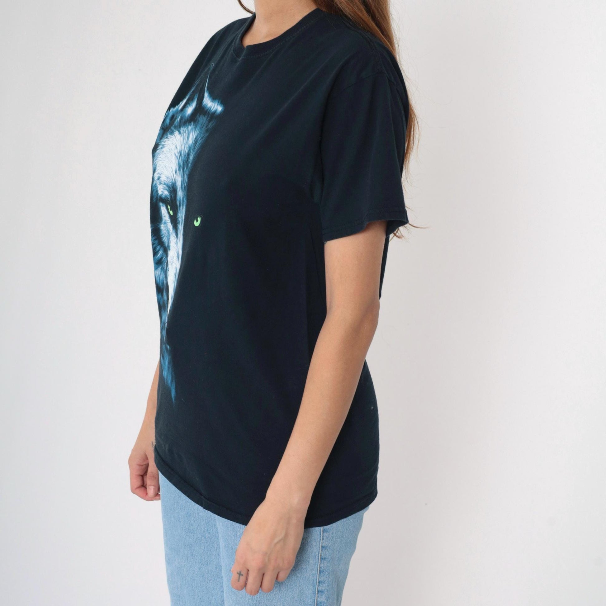 Y2K Wolf Face Graphic T-Shirt Black Cotton Crewneck Medium M
