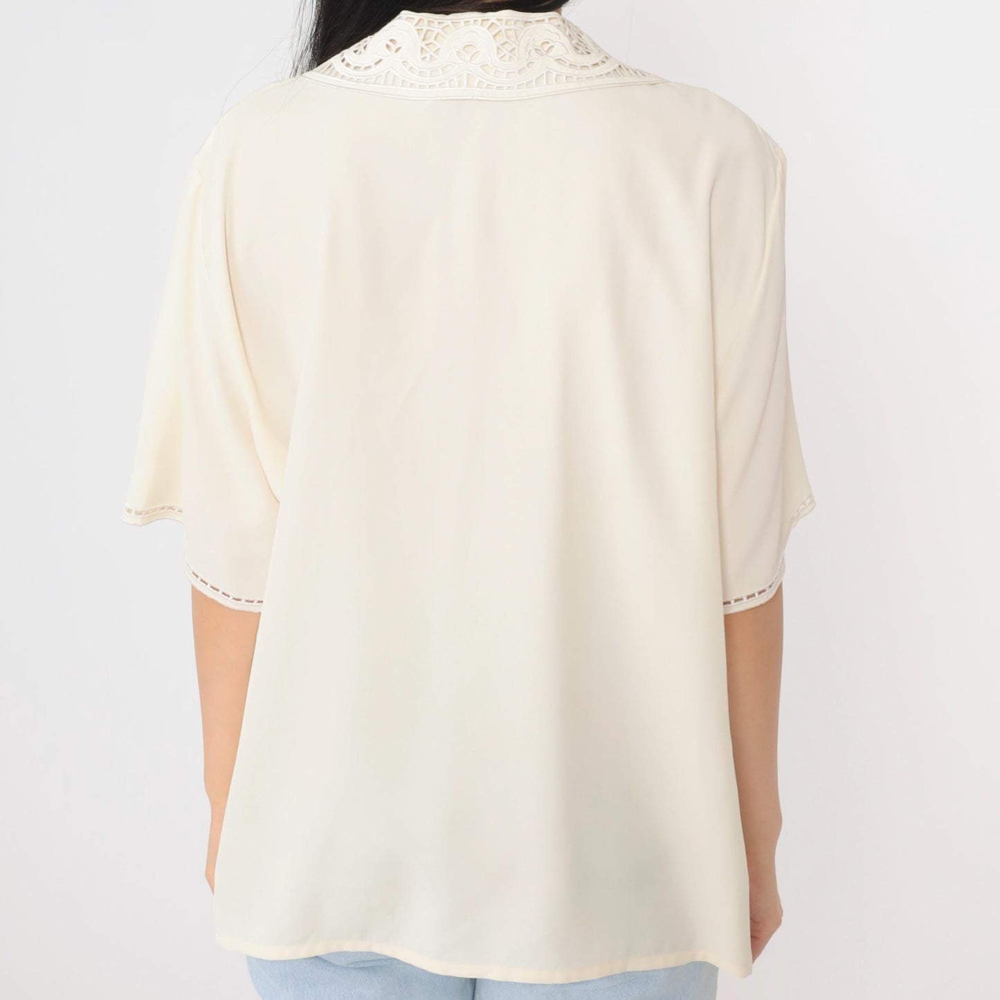 90s Worthington Off-White Embroidered Cutwork Button-Up Blouse Short Sleeve Extra Large XL