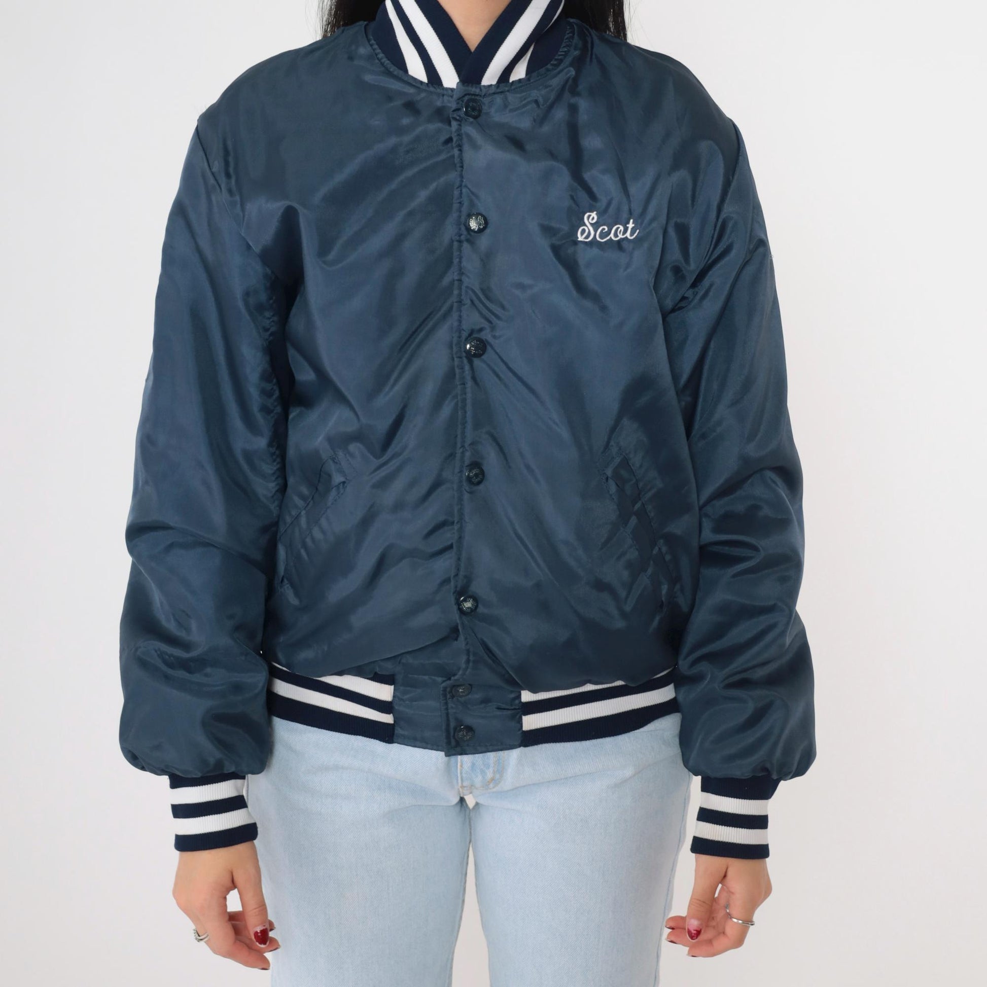 80s Bethel Pop Warner Football Bomber Jacket Dark Blue Small S