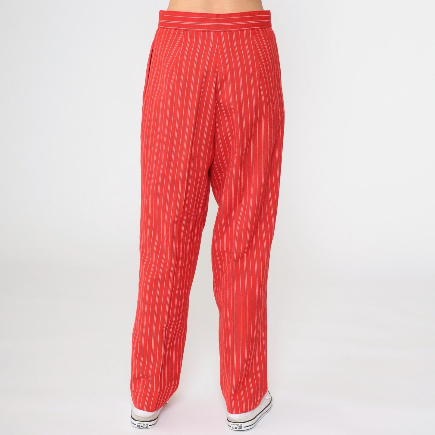 80s Red Pinstripe Pleated High-Waisted Trousers Tapered Leg Small