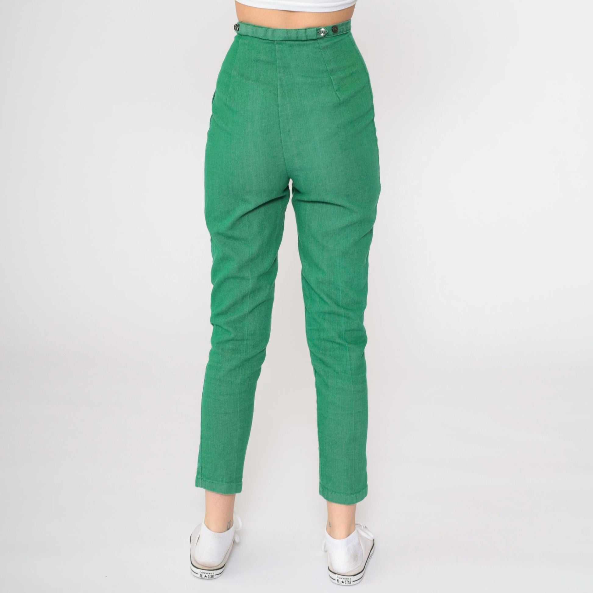 60s Kelly Green High-Waisted Slim Trousers Side Zip Ankle Extra Small
