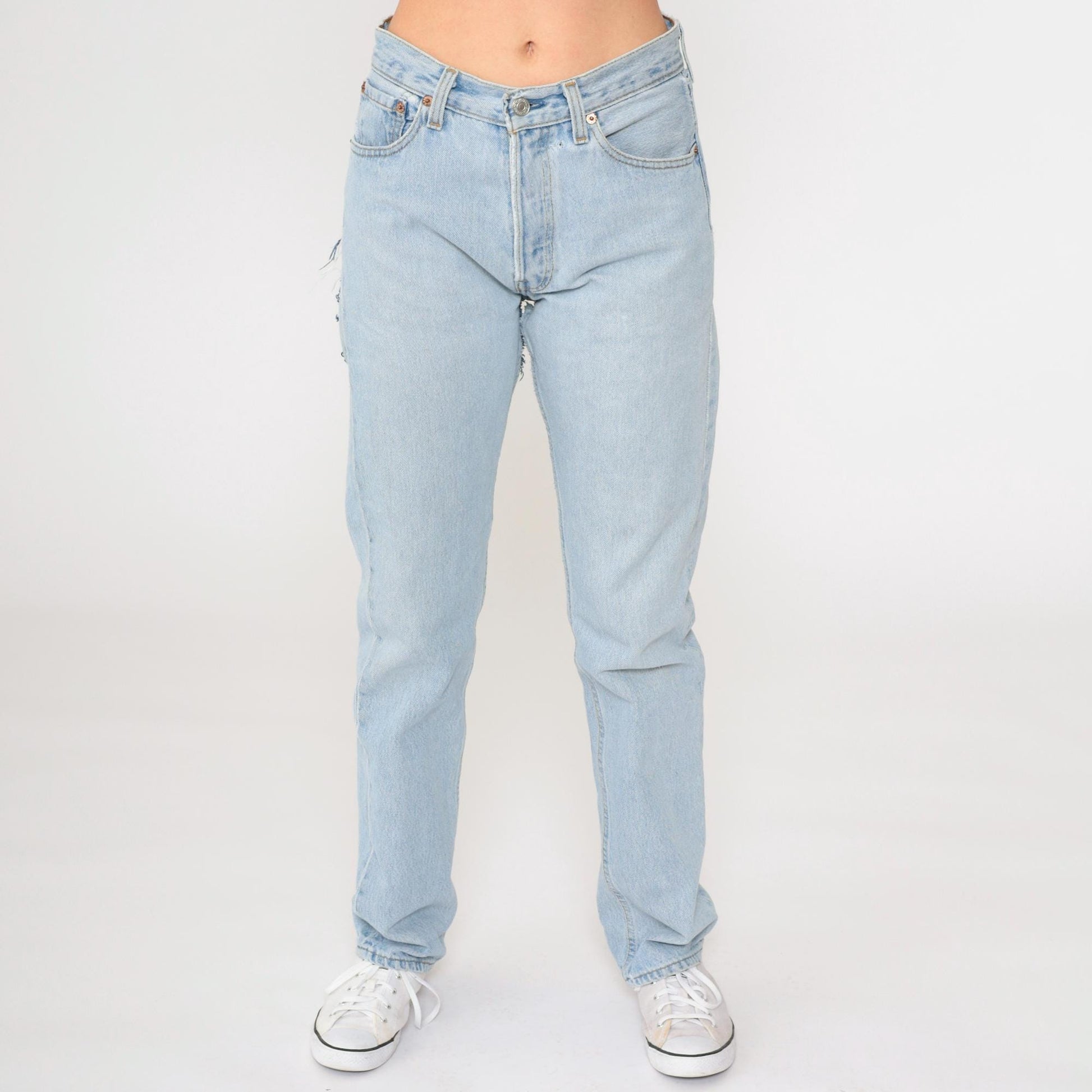 90s Levi's 501 Straight Leg Jeans Blue Distressed Ripped Patches Small W28 L32