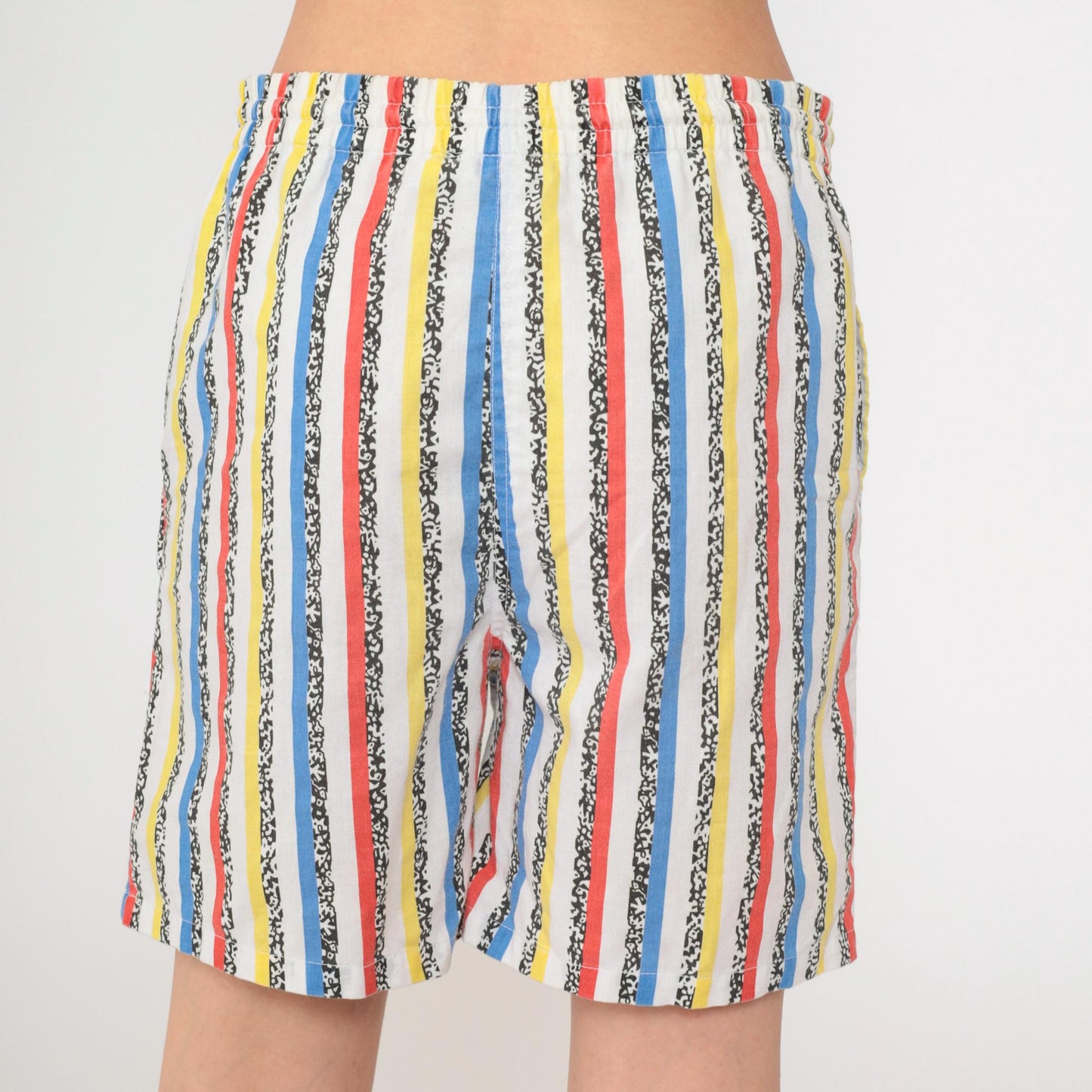 90s Striped Shorts Red Yellow White Elastic Waist Cotton Blend Small