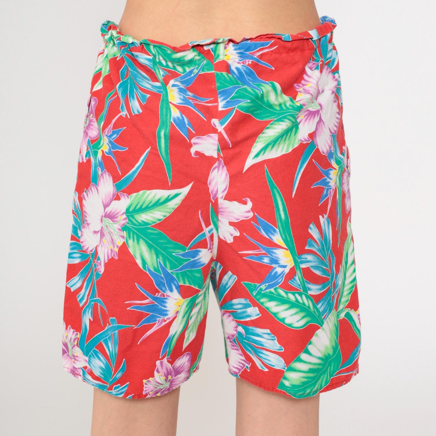 90s Tropical Floral Shorts Red Hawaiian High Drawstring Waist Small Medium