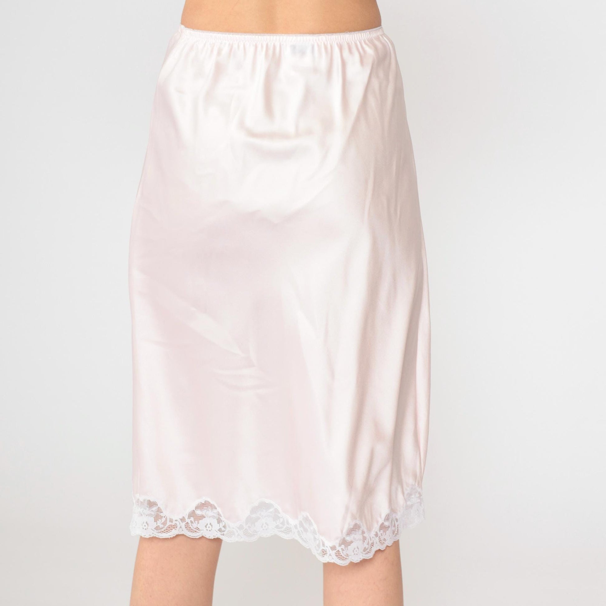 80s Pink Slip Skirt Lace Floral Embroidered Elastic Waist Small