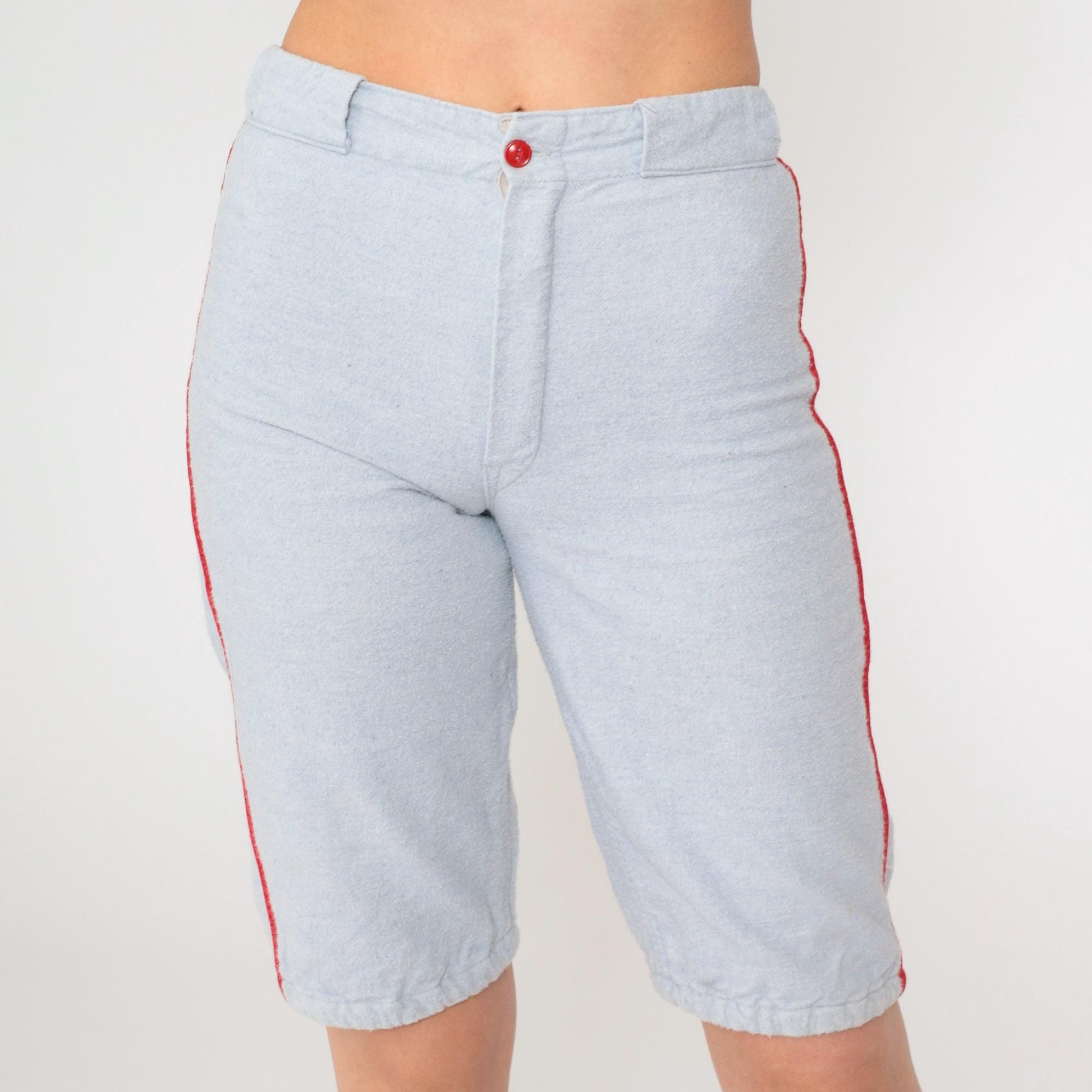 60s Athletic Shorts Grey-Blue Red Side Stripes High Waist Extra Small