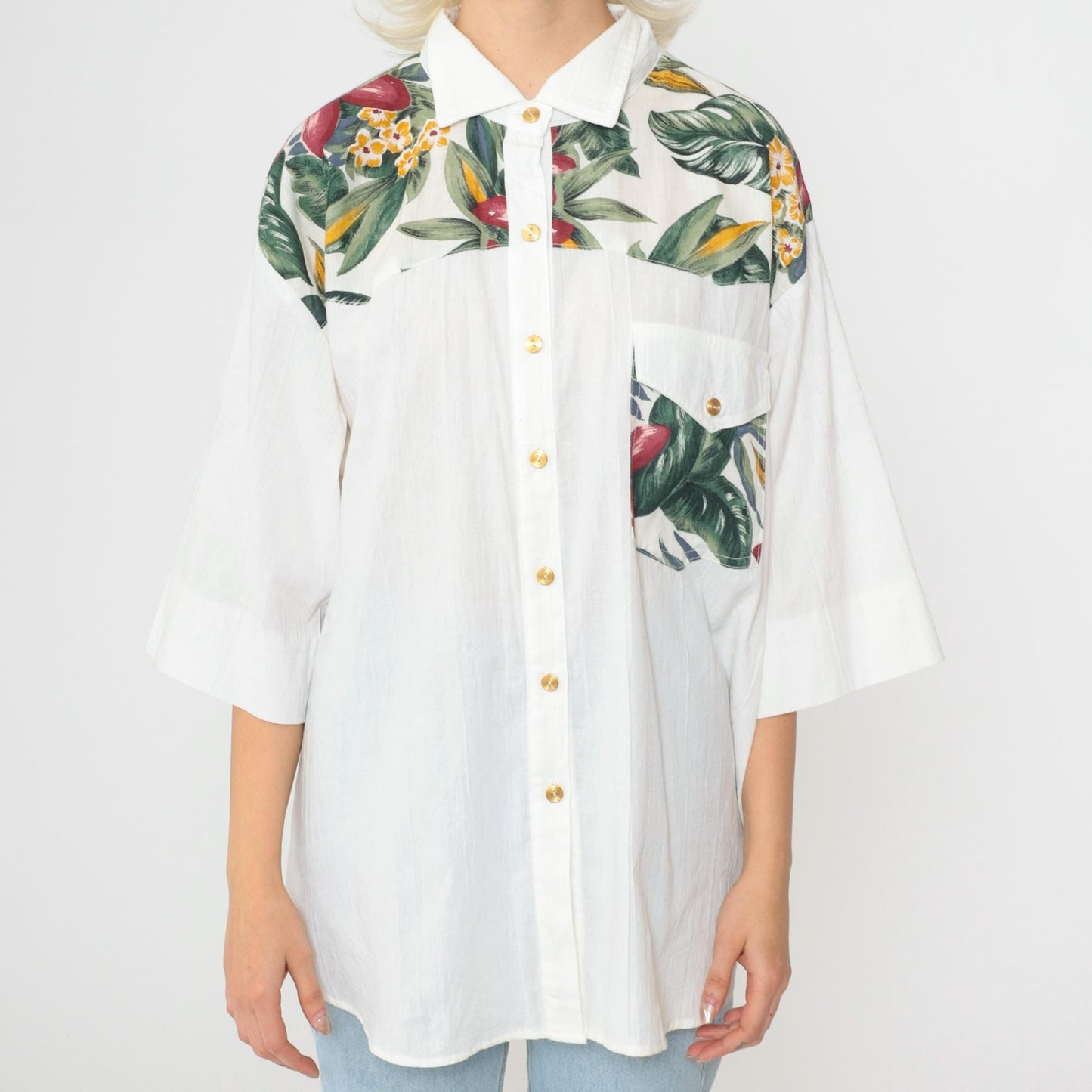 90s Tropical Floral Button Up Shirt White Yoke Pocket 3/4 Sleeve Plus Size XXL