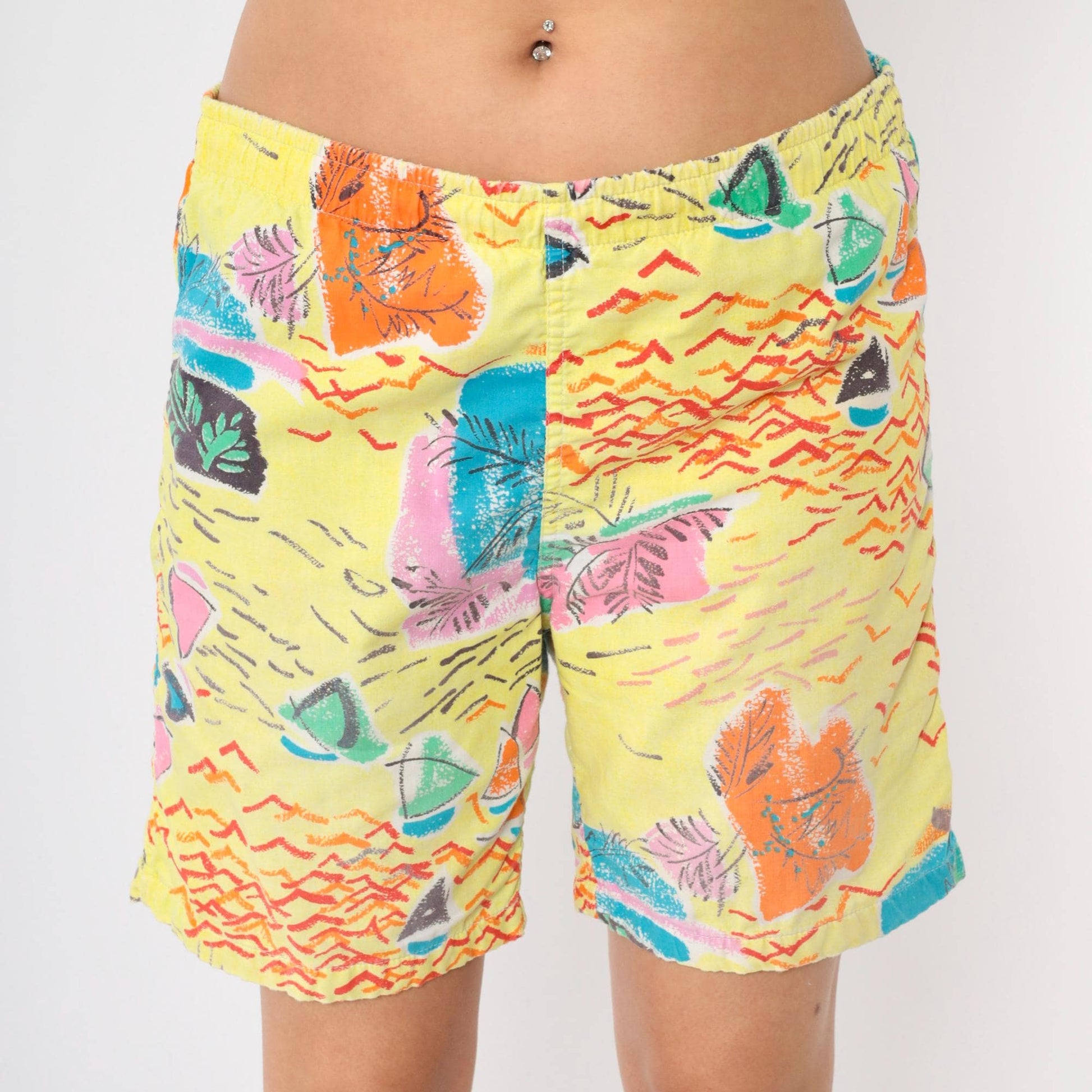 90s Yellow Nautical Abstract Sailboat Shorts High Waist Wide Leg Medium