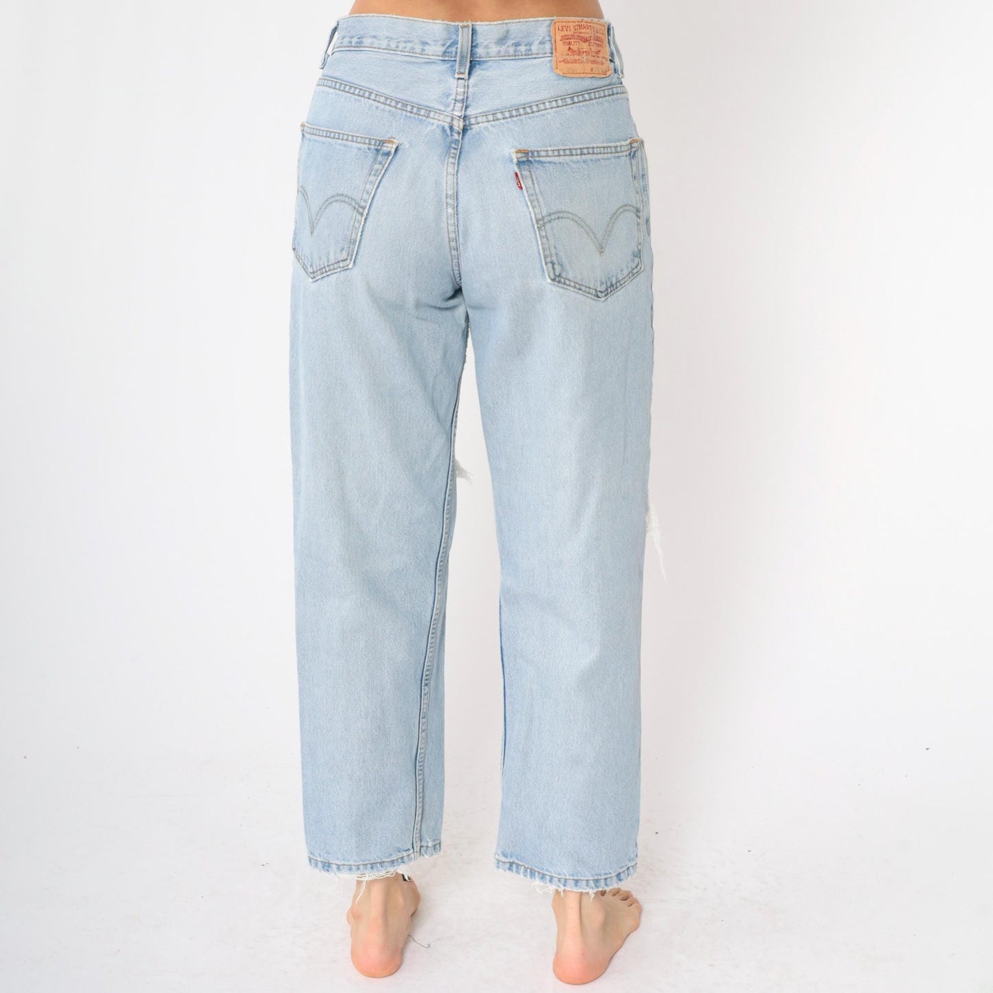 Y2K Levi's 550 Jeans High Rise Straight Leg Ripped Knee Light Wash Blue 32x29