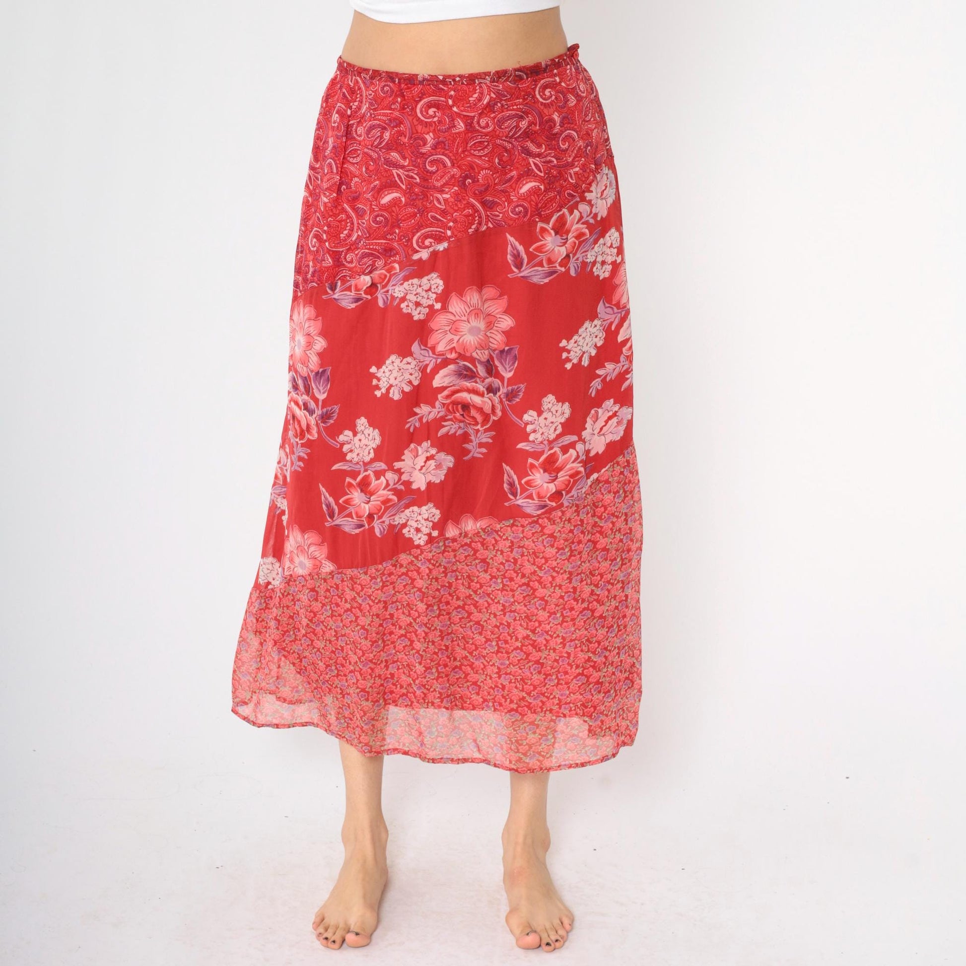90s Red Floral Paisley Tiered Midi Skirt High Waist Side Zip Medium M