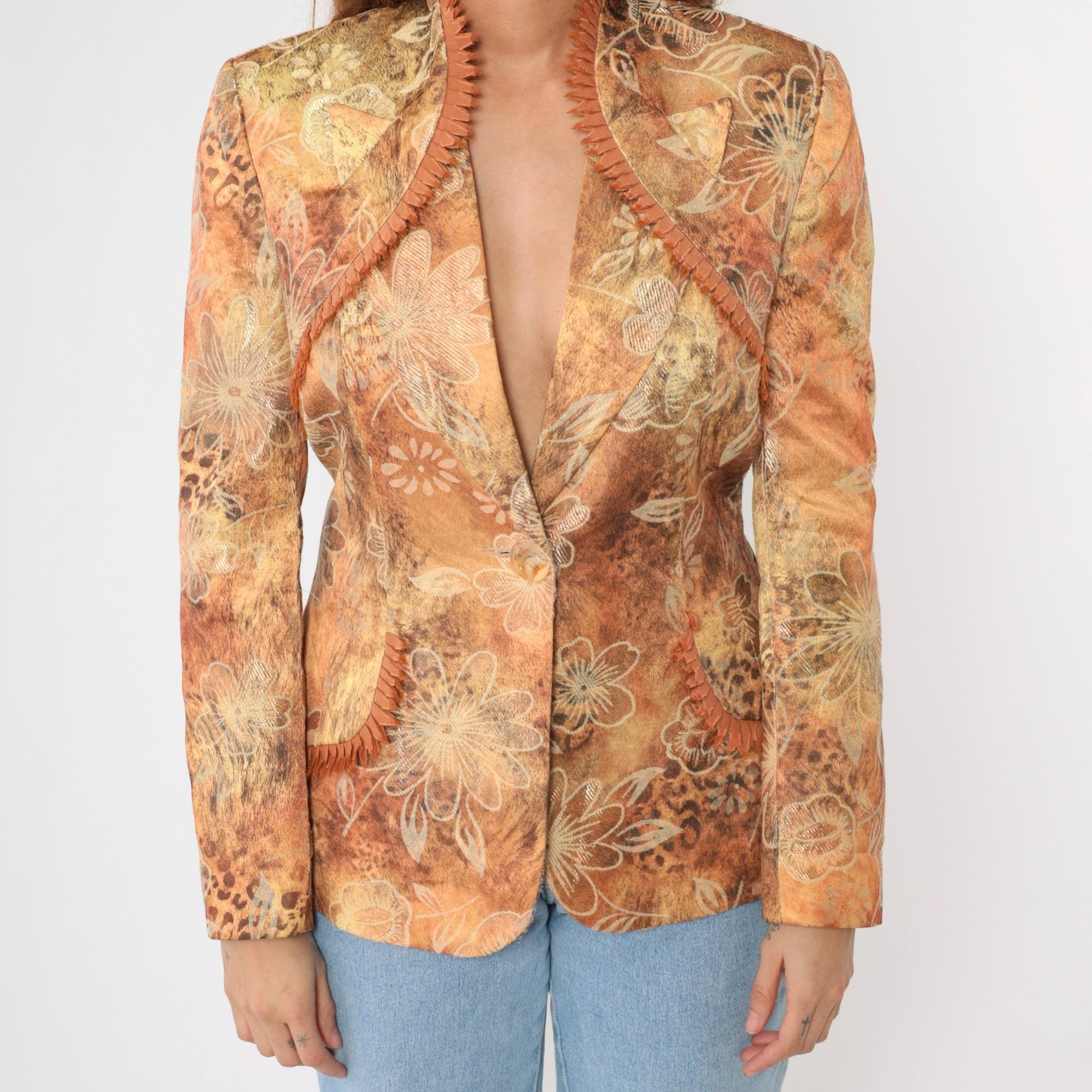 90s Floral Jacquard Blazer Leopard Print Fringe Trim Deep V Burnt Orange Small