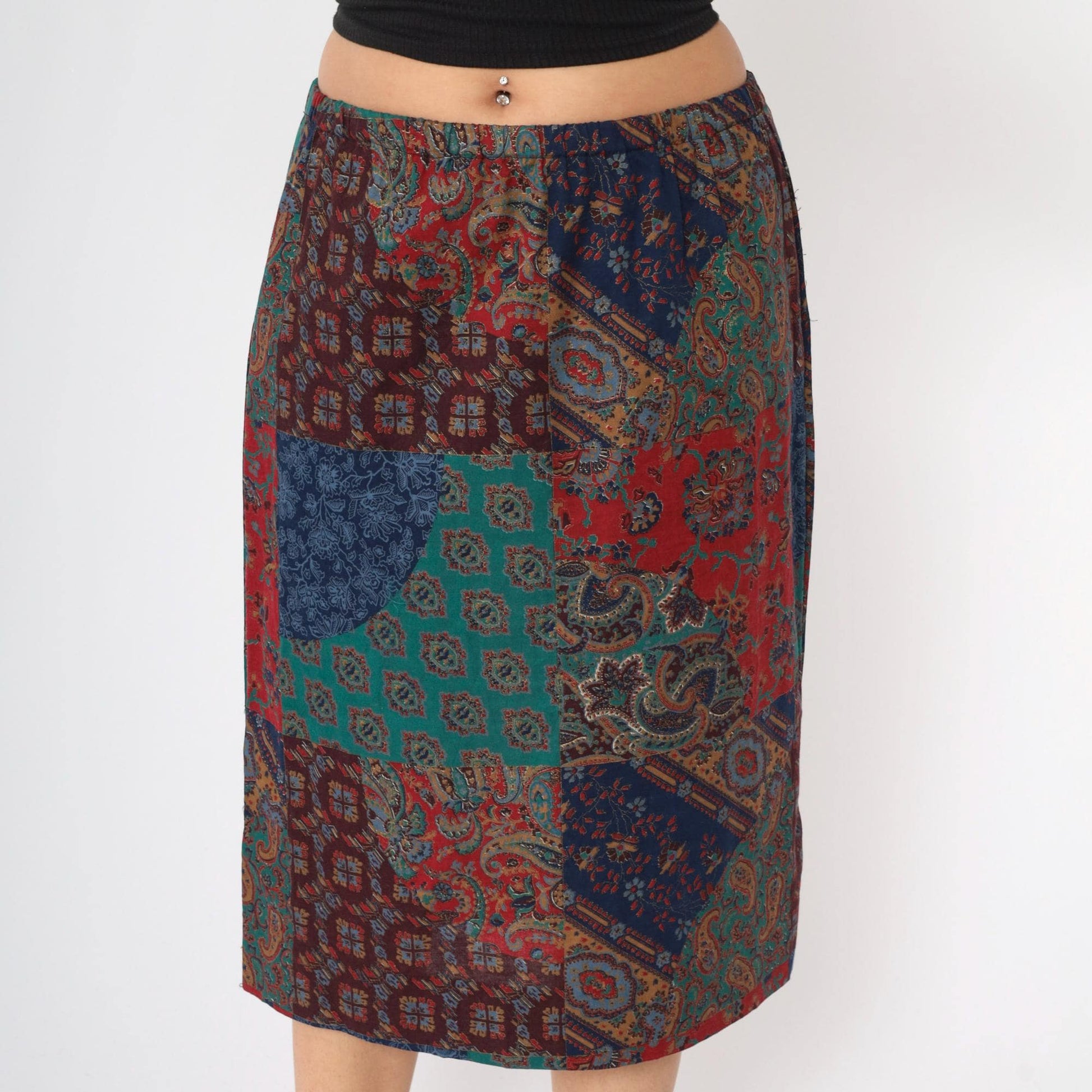 90s Patchwork Paisley Floral Midi Skirt Elastic Waist Medium