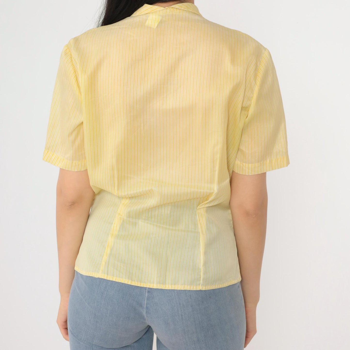 60s Dorothy Korly Sheer Striped Button-Up Blouse Yellow Peter Pan Collar Medium