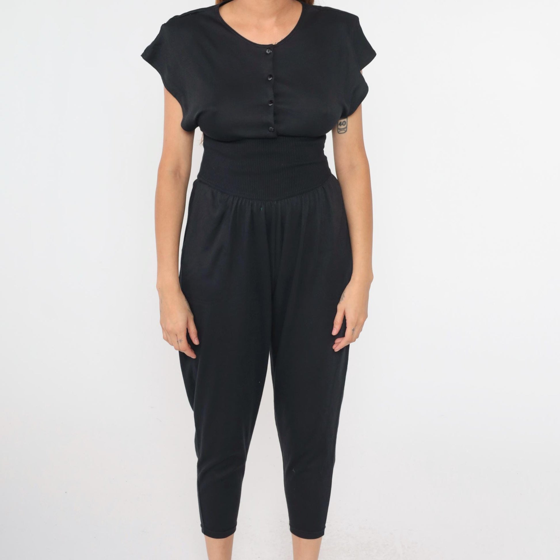 80s Black Button-Up Jumpsuit High Waist Dolman Sleeve Cropped Tapered Small