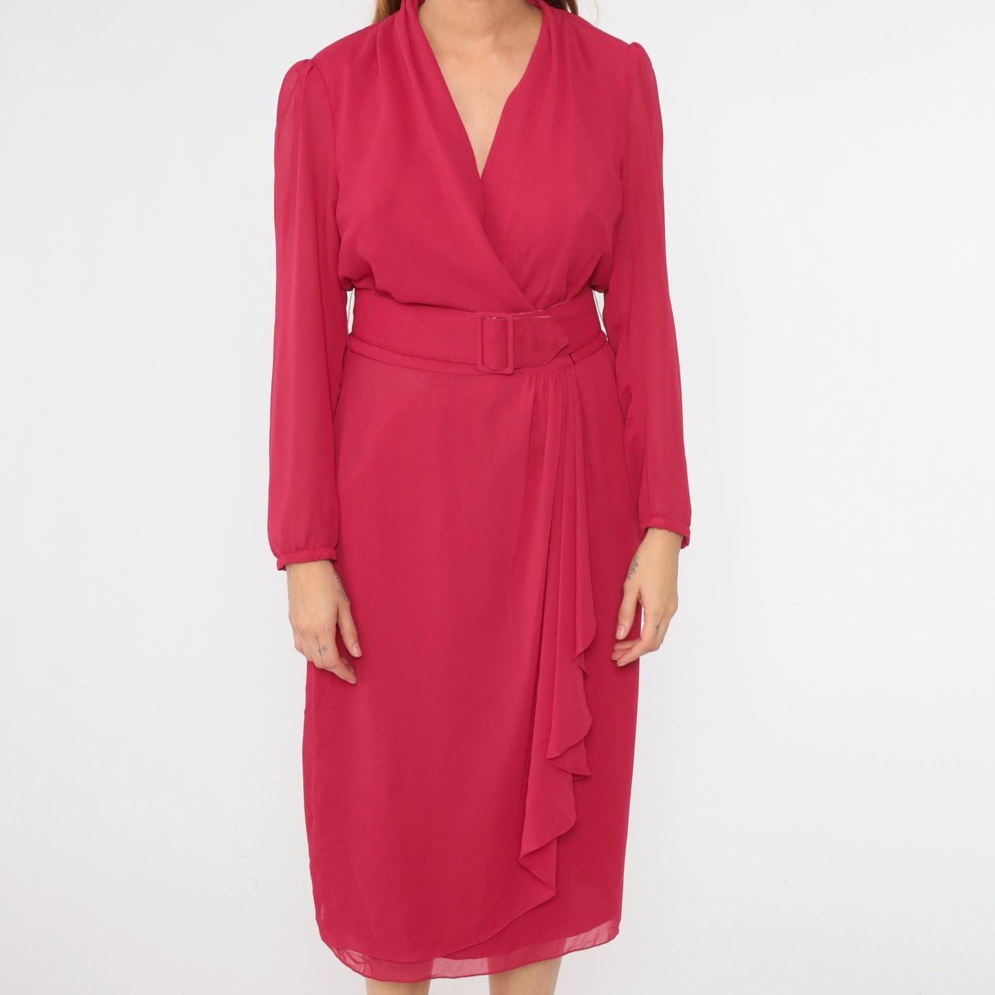 80s Miss Elliette Fuchsia Chiffon Midi Dress Puff Sleeve High Waist Medium
