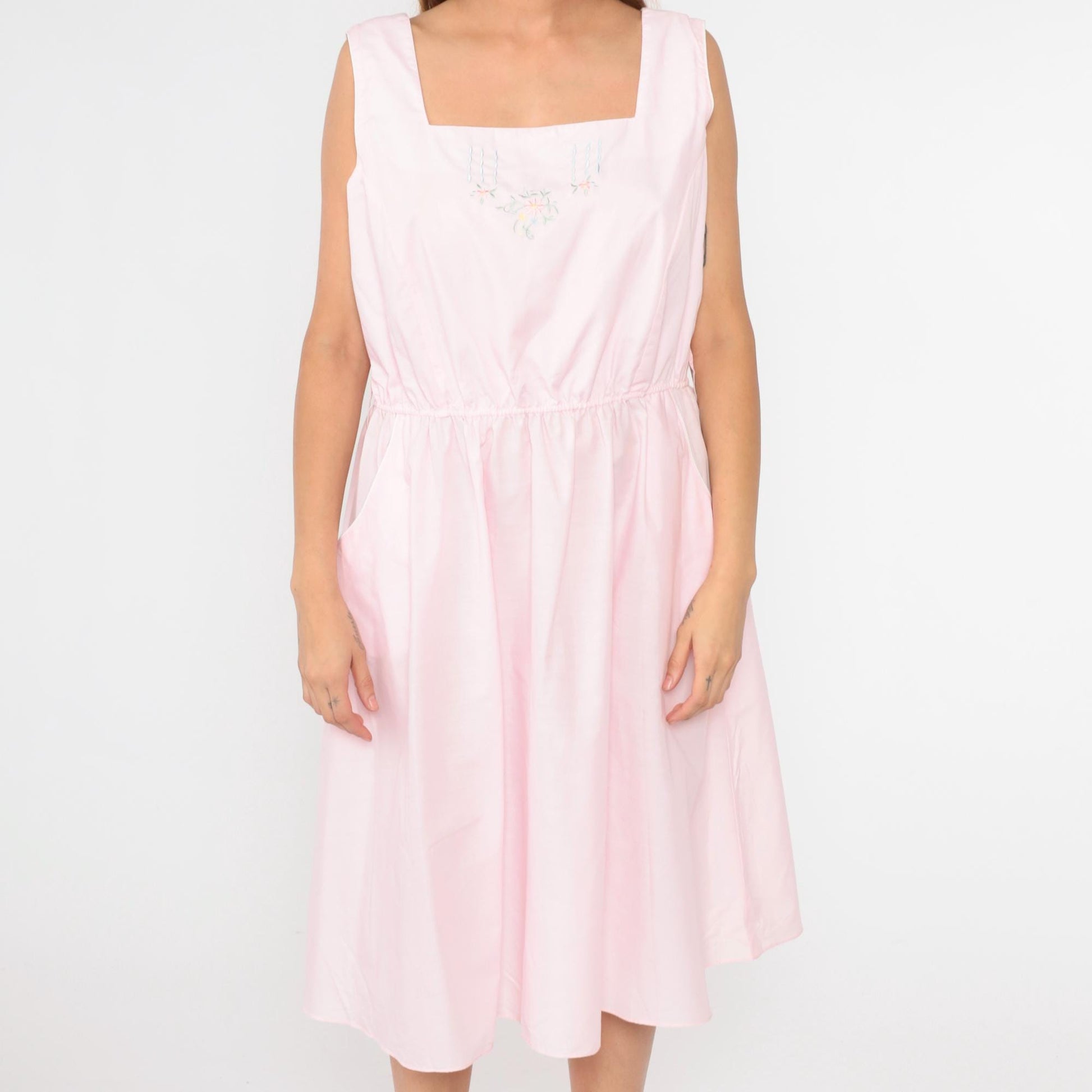 80s Miss Joni of California Baby Pink Floral Midi Dress Cutout Back Extra Large