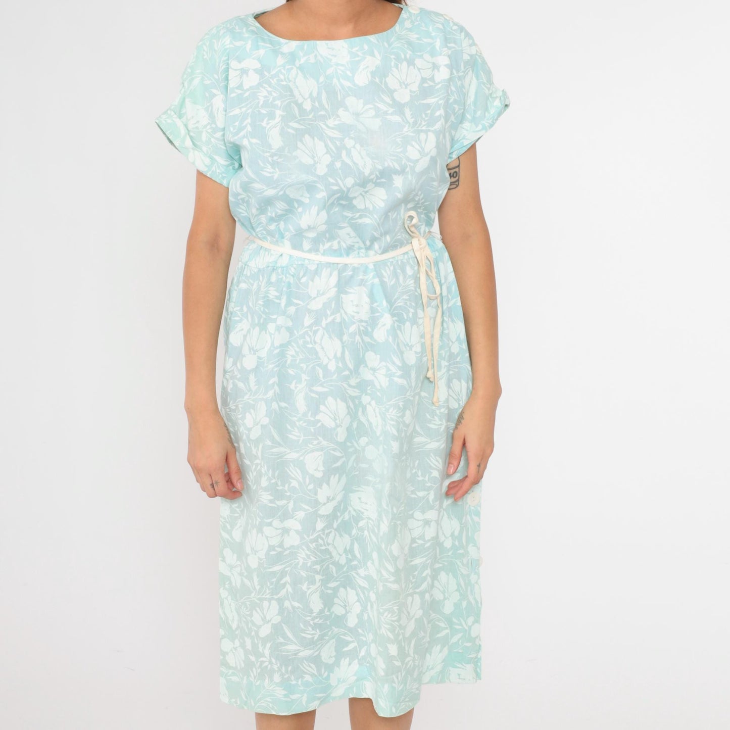 80s Light Blue Floral Midi Dress High Waisted Button Side Slit Dolman Sleeve Large
