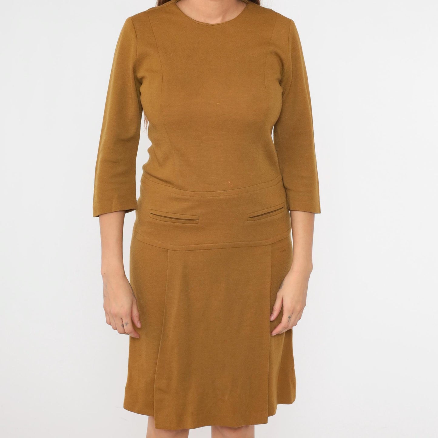 1960s Mod Scooter Dress Mustard Brown Wool Blend Drop Waist Pleated Small