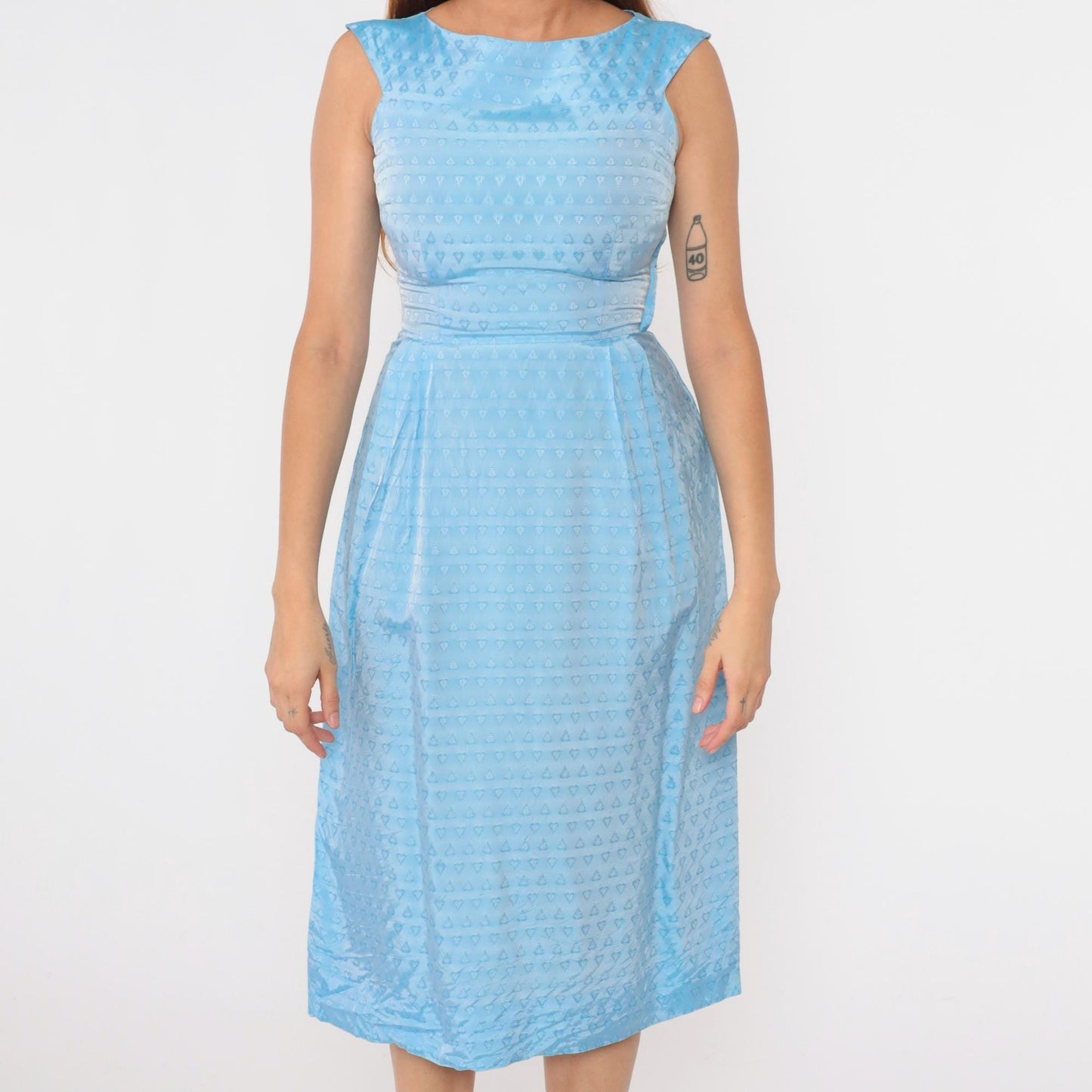 1960s Light Blue Heart Textured Cocktail Dress A-Line Sleeveless Extra Small