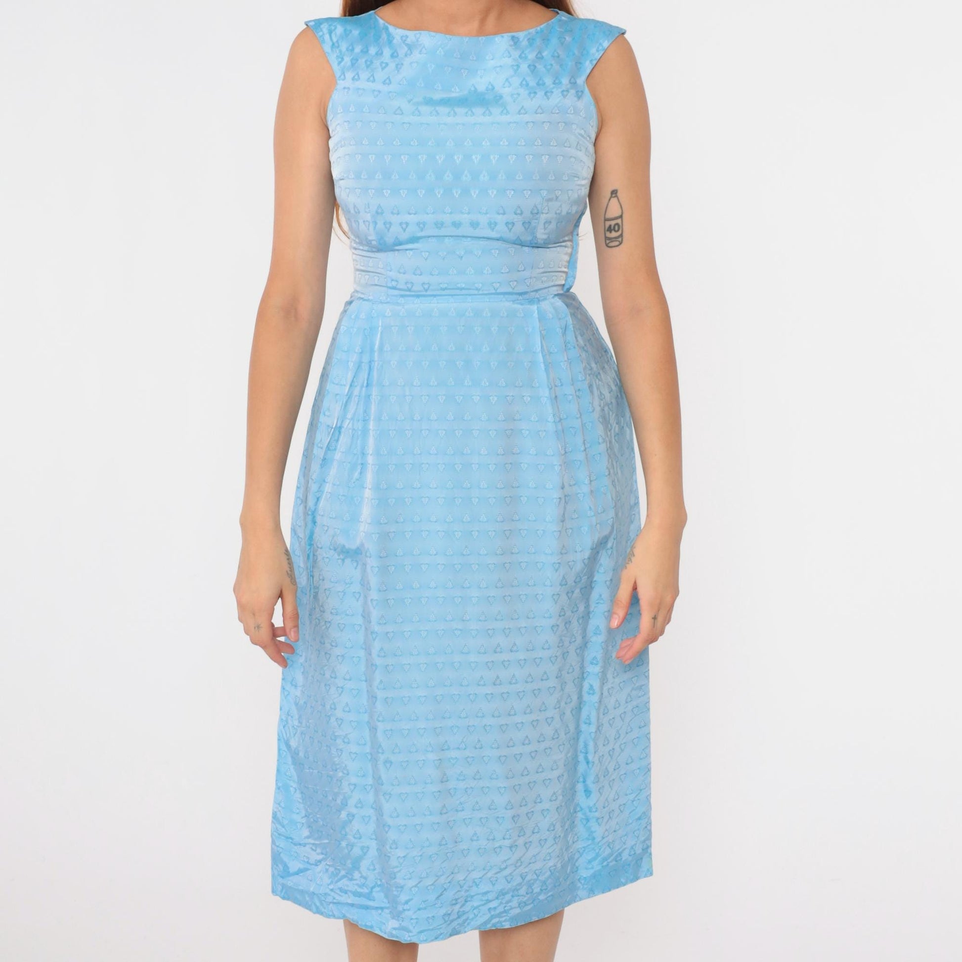 1960s Light Blue Heart Textured Cocktail Dress A-Line Sleeveless Extra Small