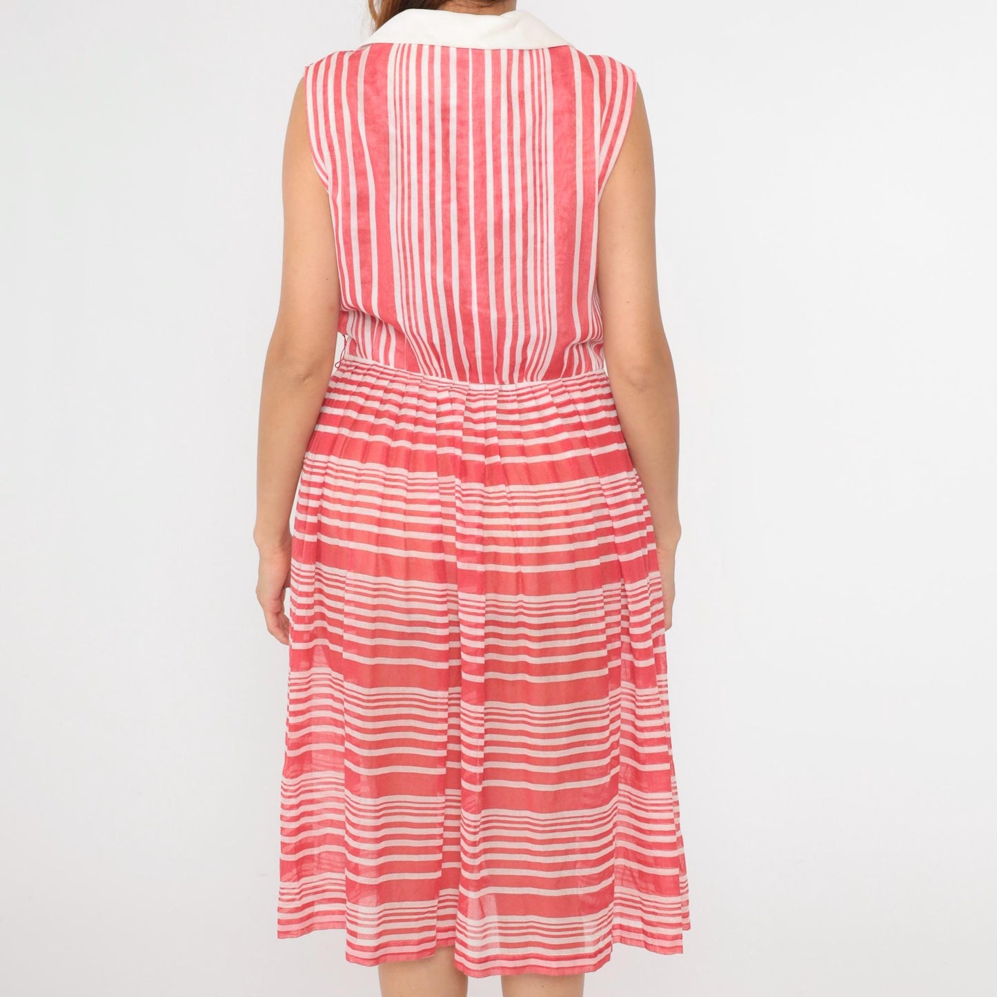 70s Red White Striped Midi Shirtdress Button Up High Waisted Pleated Medium