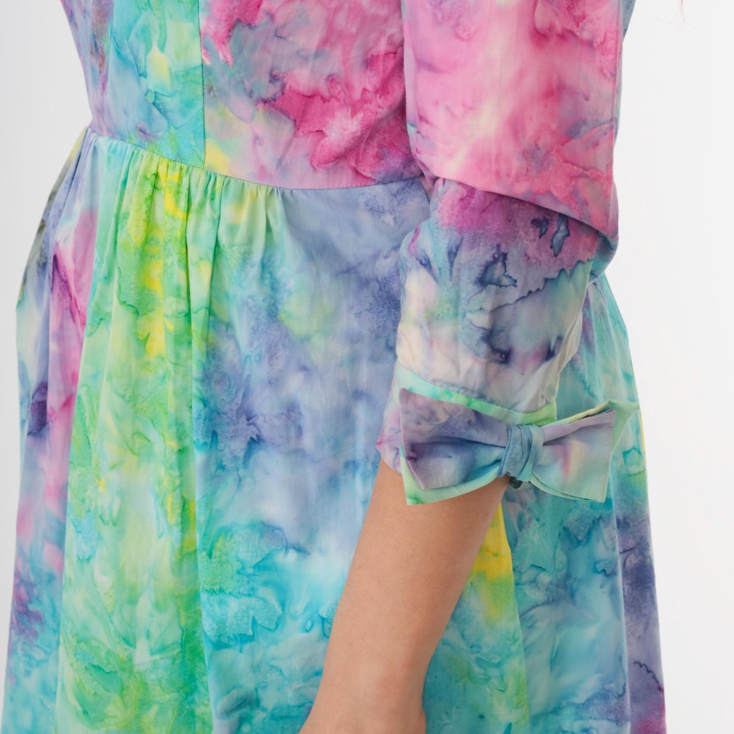 70s Tie Dye Dress High Waist Bow 3/4 Sleeve Midi Blue Green Pink Small