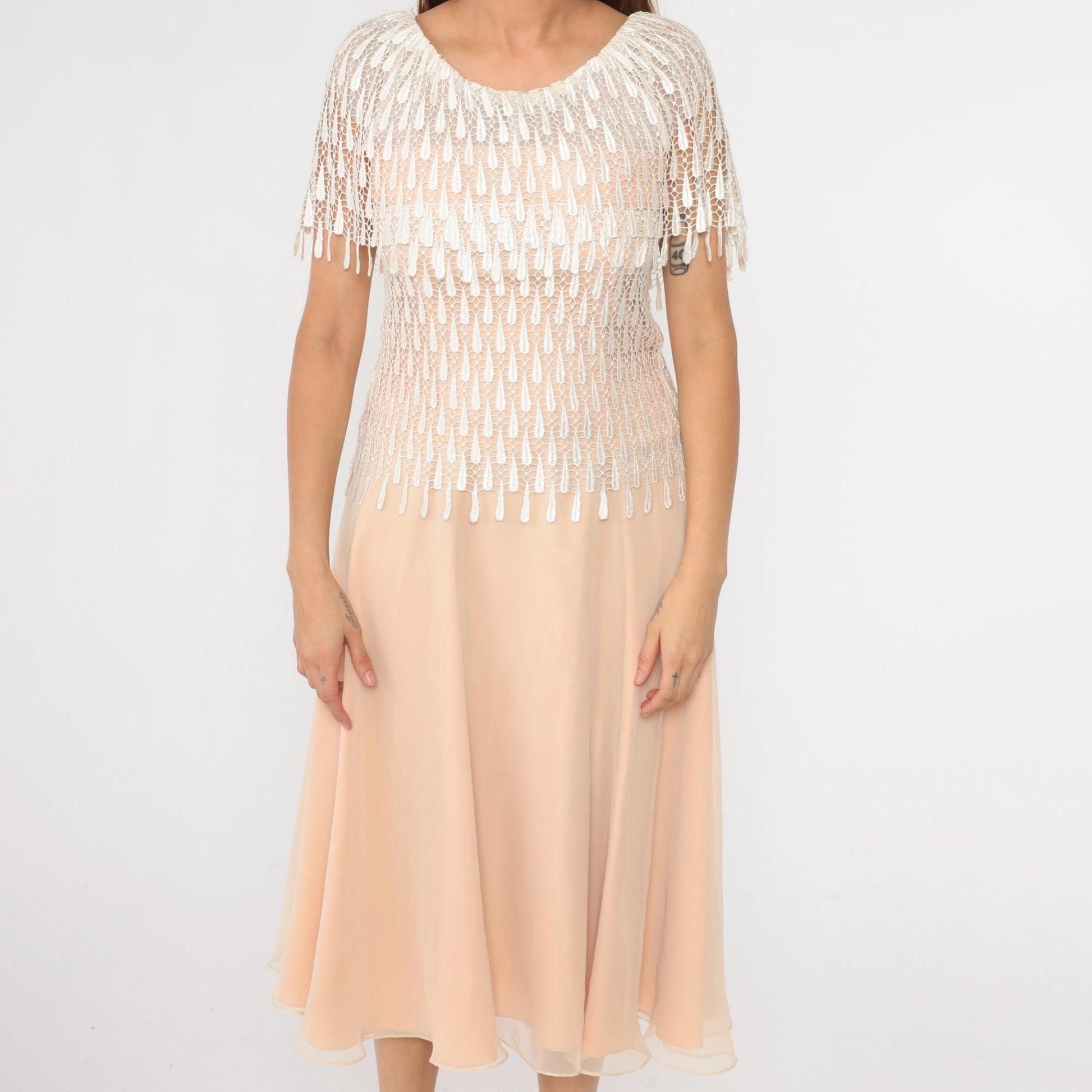 70s Peach Midi Dress Macramé Lace Capelet Chiffon Small