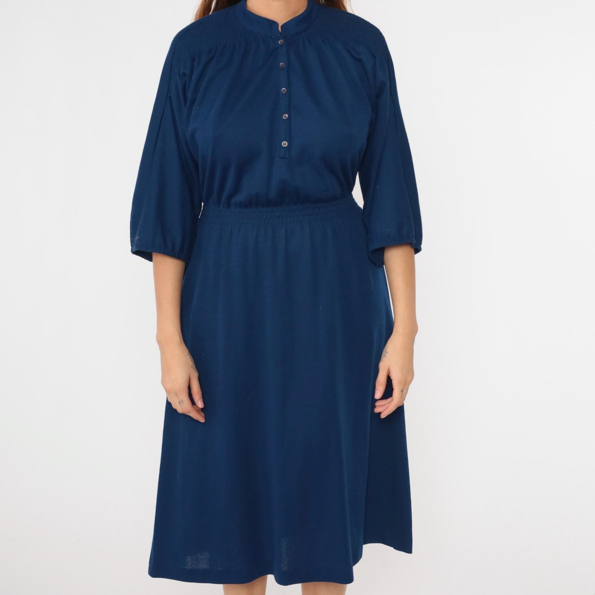 80s Leslie Fay Navy Mandarin Collar Shirtdress Midi Button-Up Small