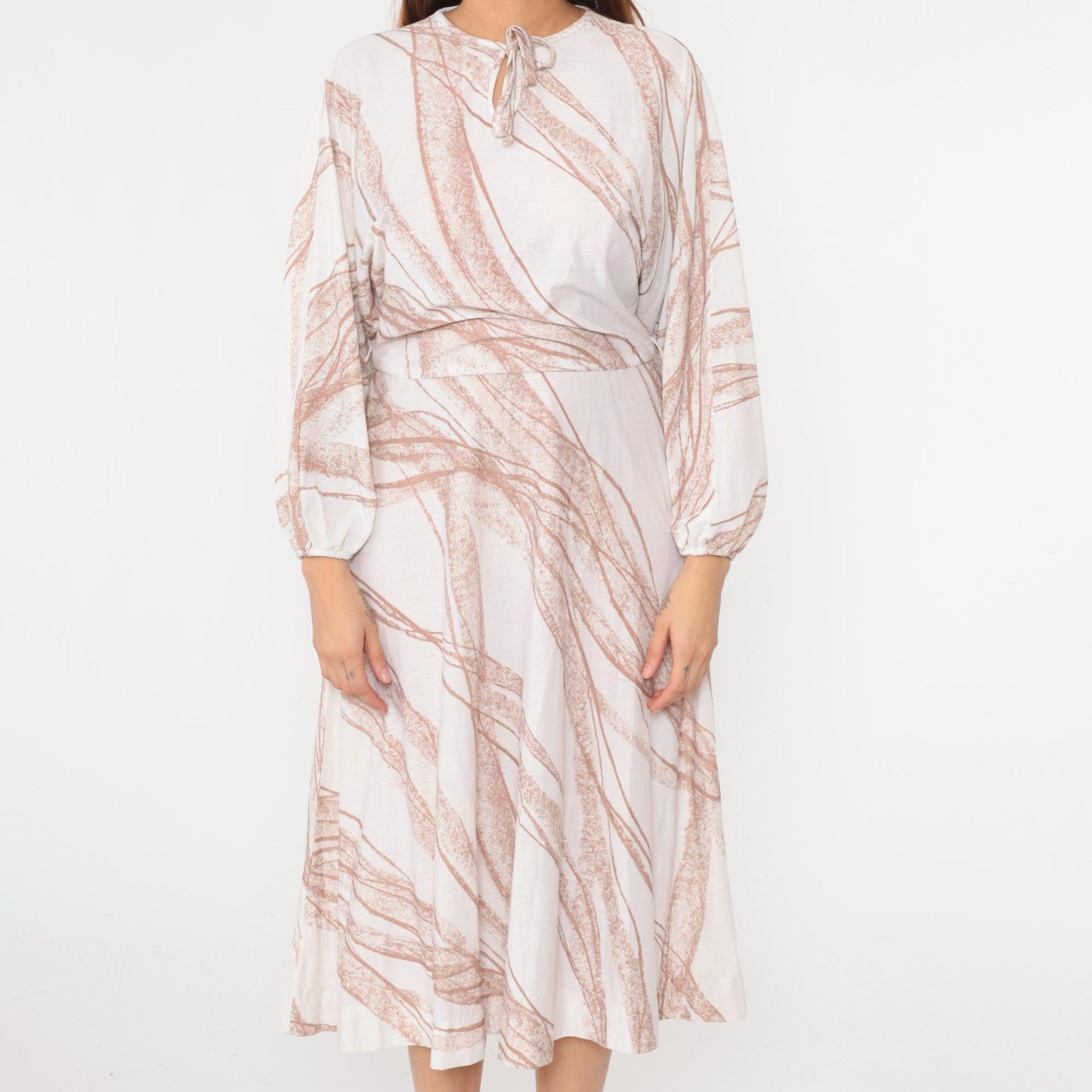 70s Bleeker Street Midi Dress Dolman Sleeve Keyhole Bow Neck White Brown Stripe Small Medium
