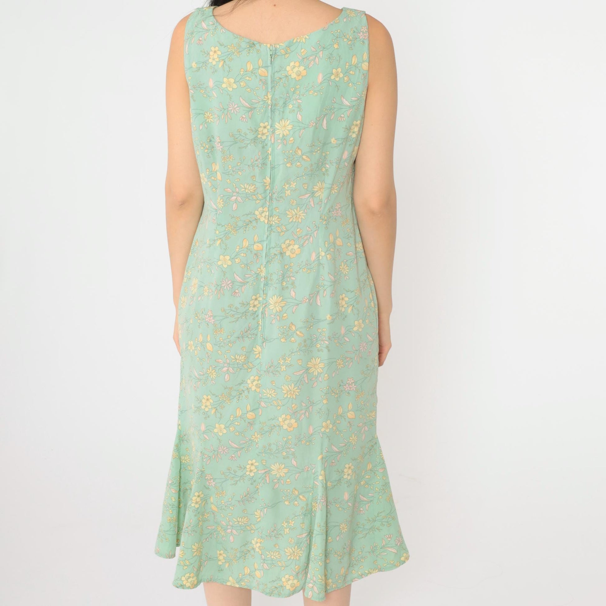 90s R&K Originals Floral Midi Dress Green Yellow Pink Sleeveless Medium