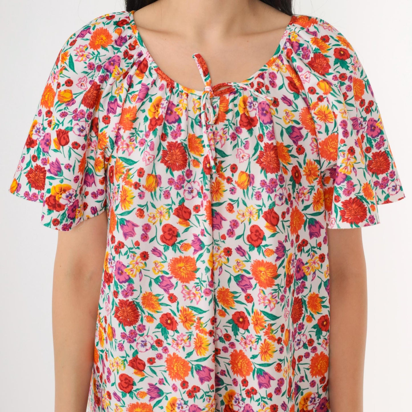 70s Floral Maxi Tent Dress Flutter Sleeve Pullover Large