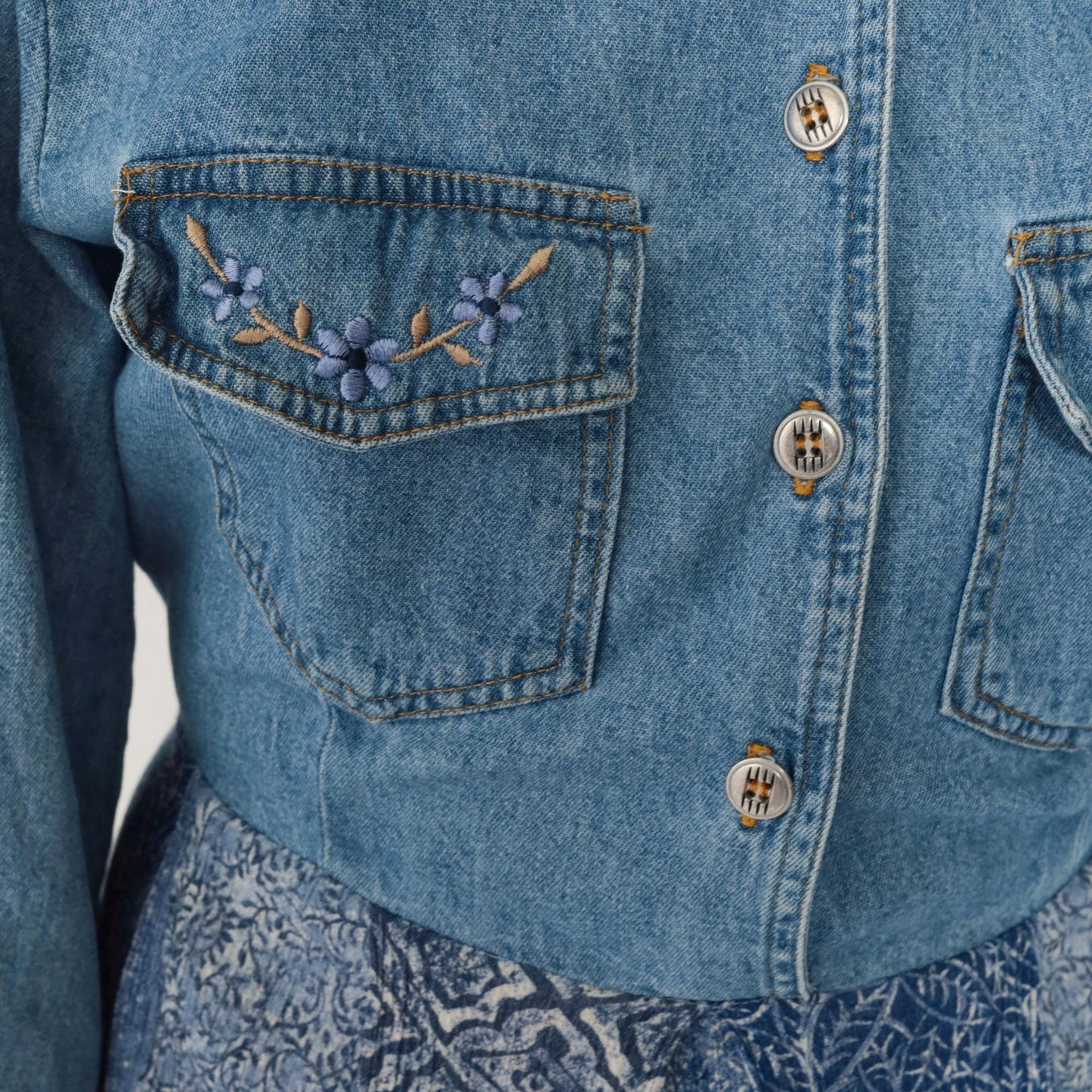90s Nina Piccalino Denim Dress Floral Embroidered Patchwork Midi Medium