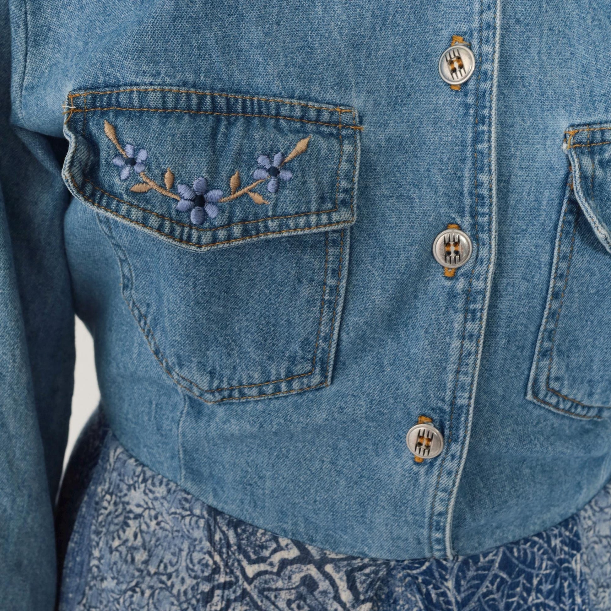 90s Nina Piccalino Denim Dress Floral Embroidered Patchwork Midi Medium