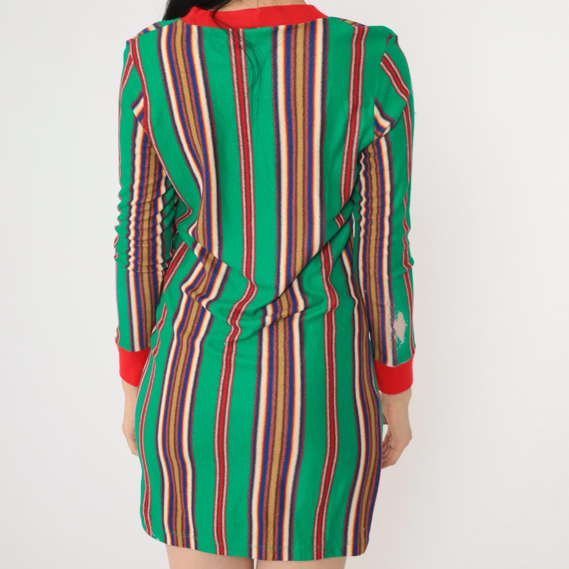 60s Stardust Striped Mini Lounge Dress Green Red Ringer Trim Long Sleeve Extra Small