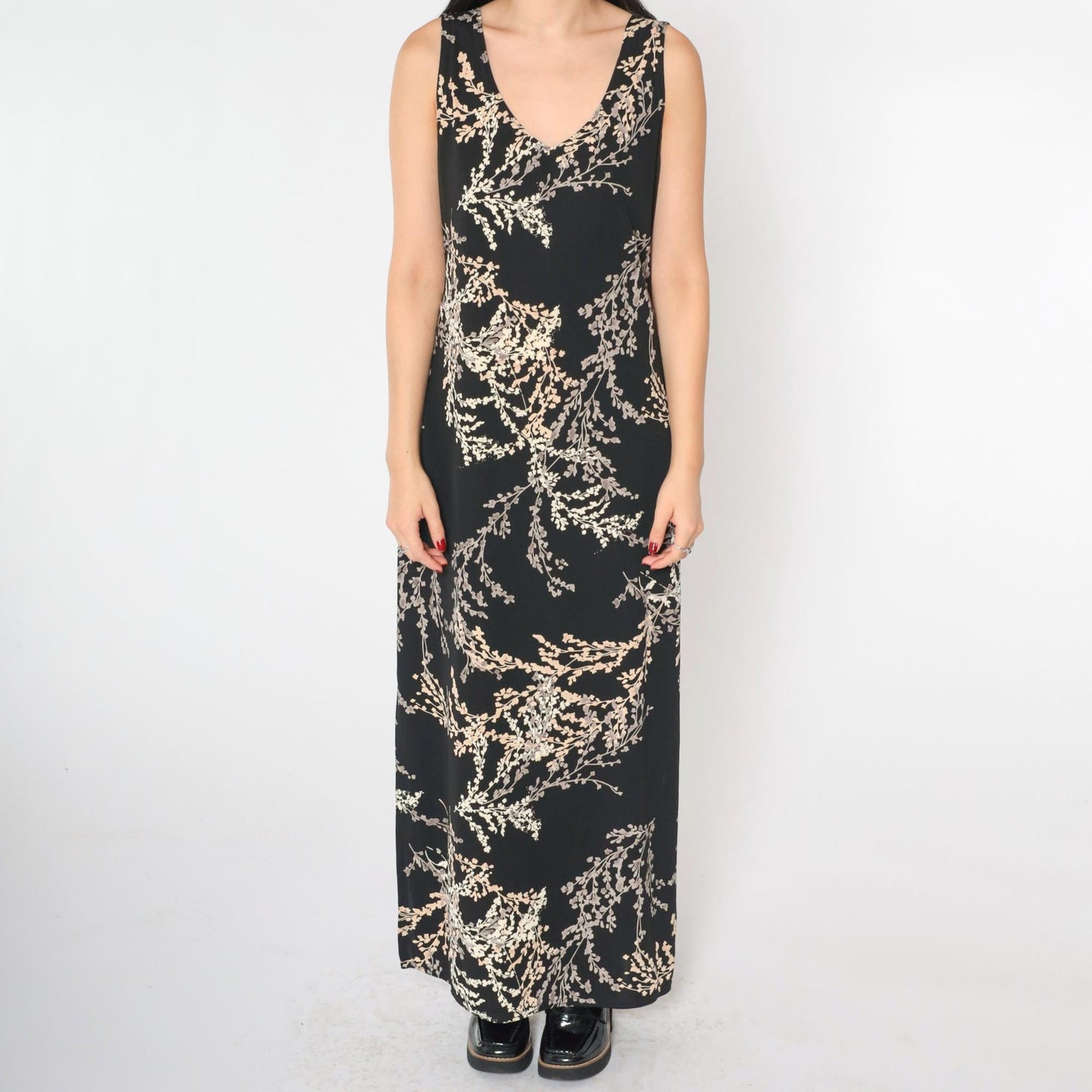 90s Black Floral Maxi Dress Sleeveless V-Neck Side Slit Medium