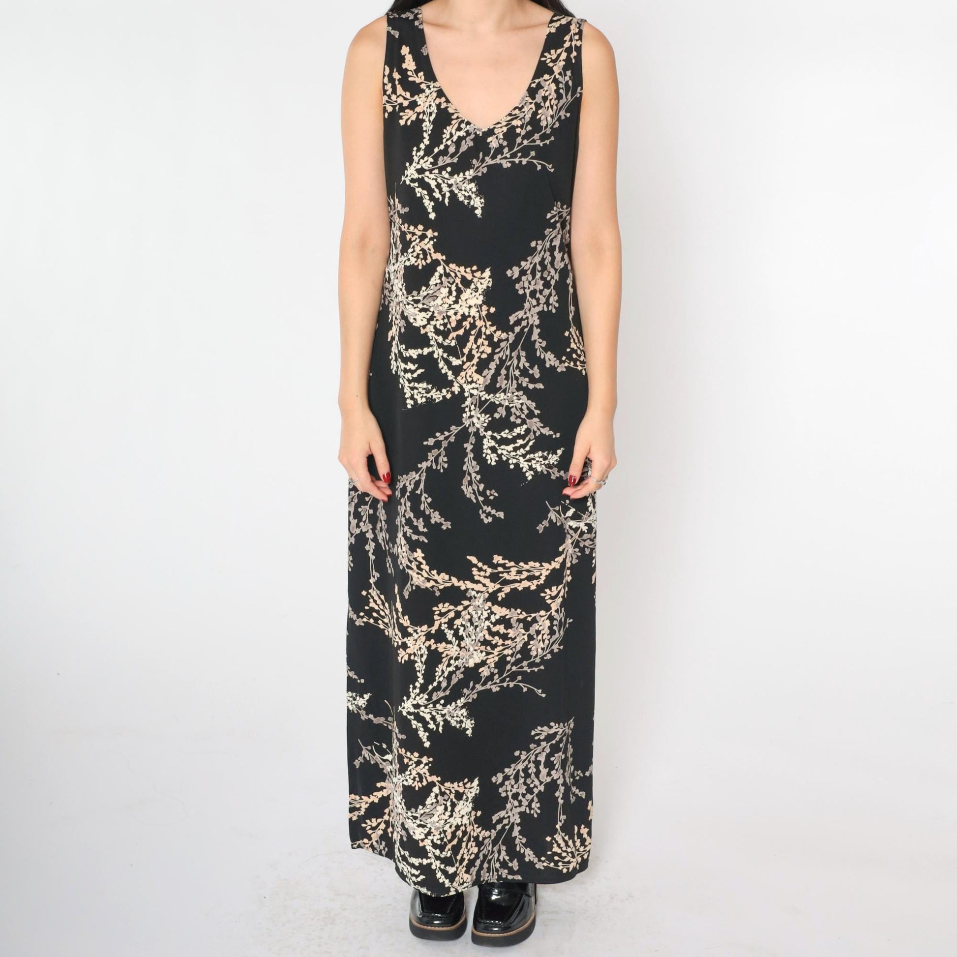 90s Black Floral Maxi Dress Sleeveless V-Neck Side Slit Medium