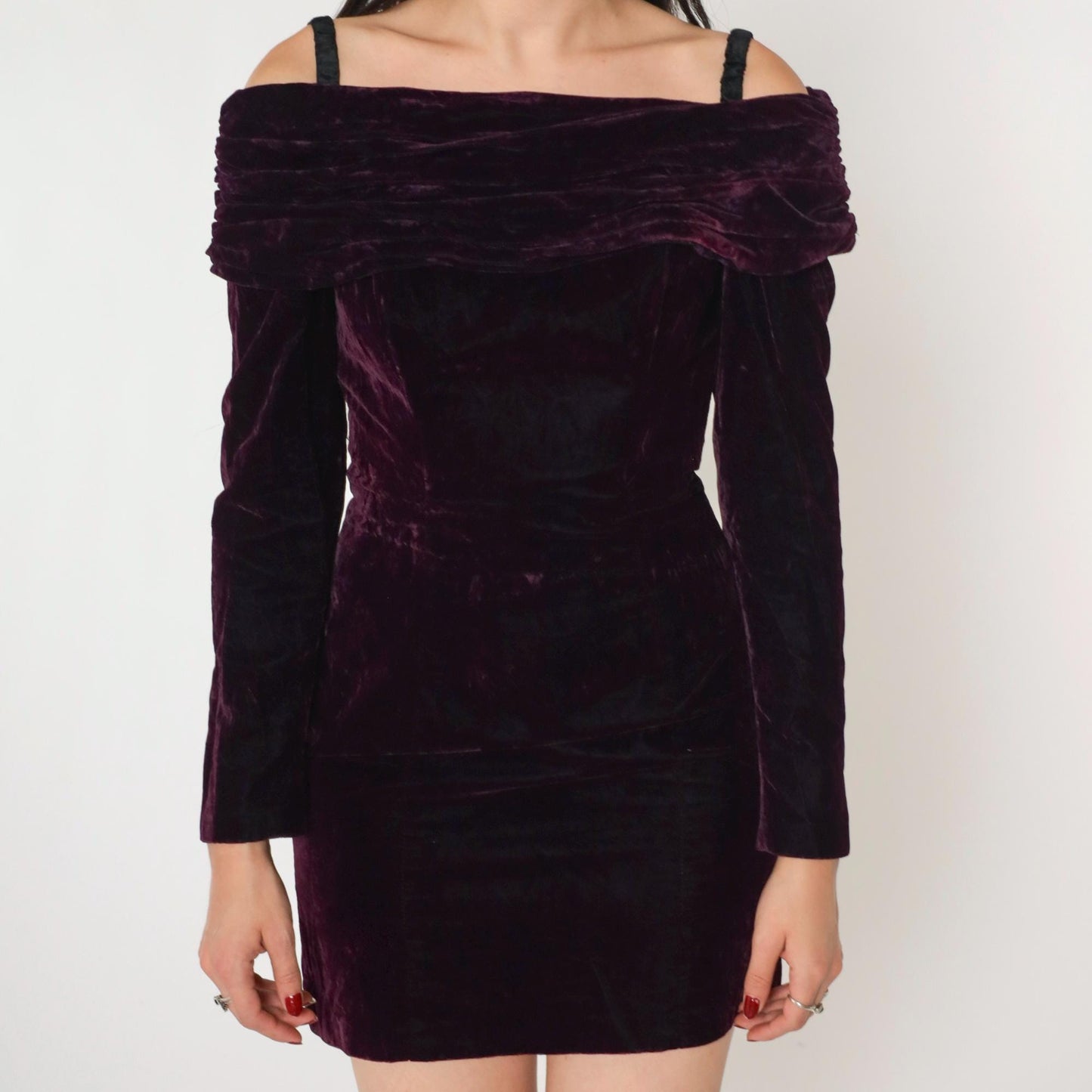 90s Rampage Velvet Mini Dress Off-Shoulder Spaghetti Strap Deep Purple Extra Small